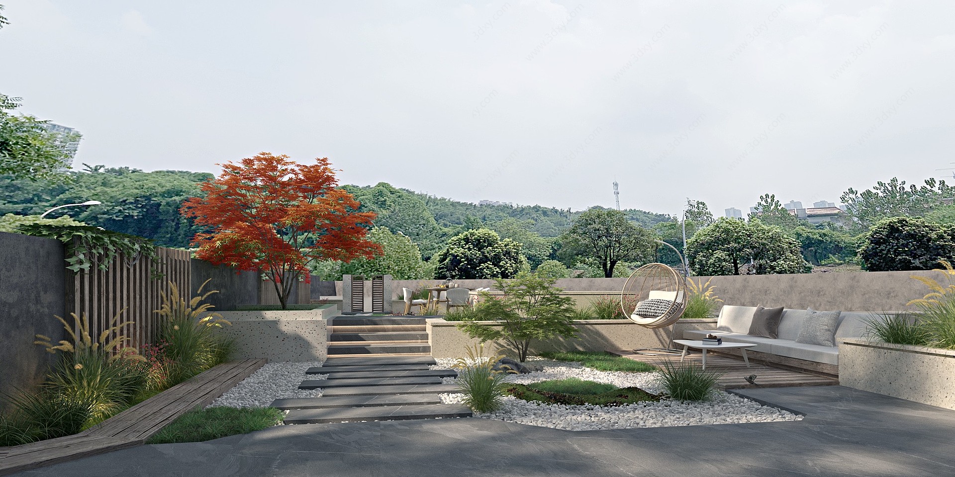 现代别墅庭院景观花园3D模型