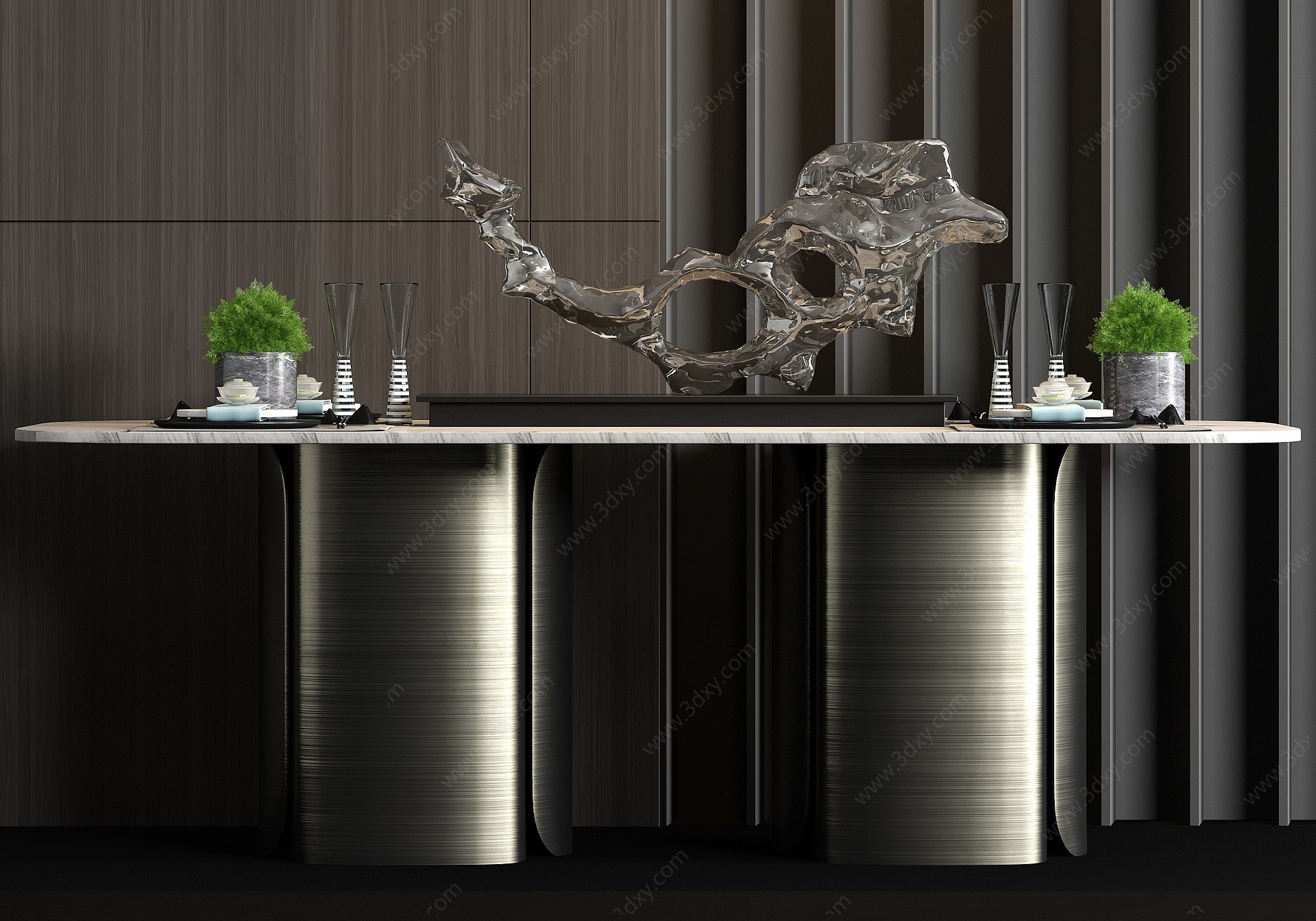 新中式拉丝金属餐桌餐具3D模型