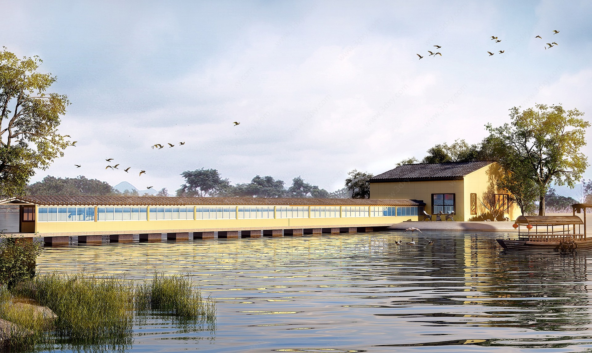 新中式新农村水上建筑外观3D模型