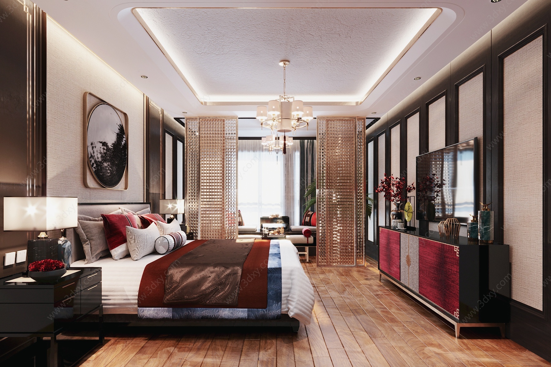 新中式卧室中式双人床3D模型