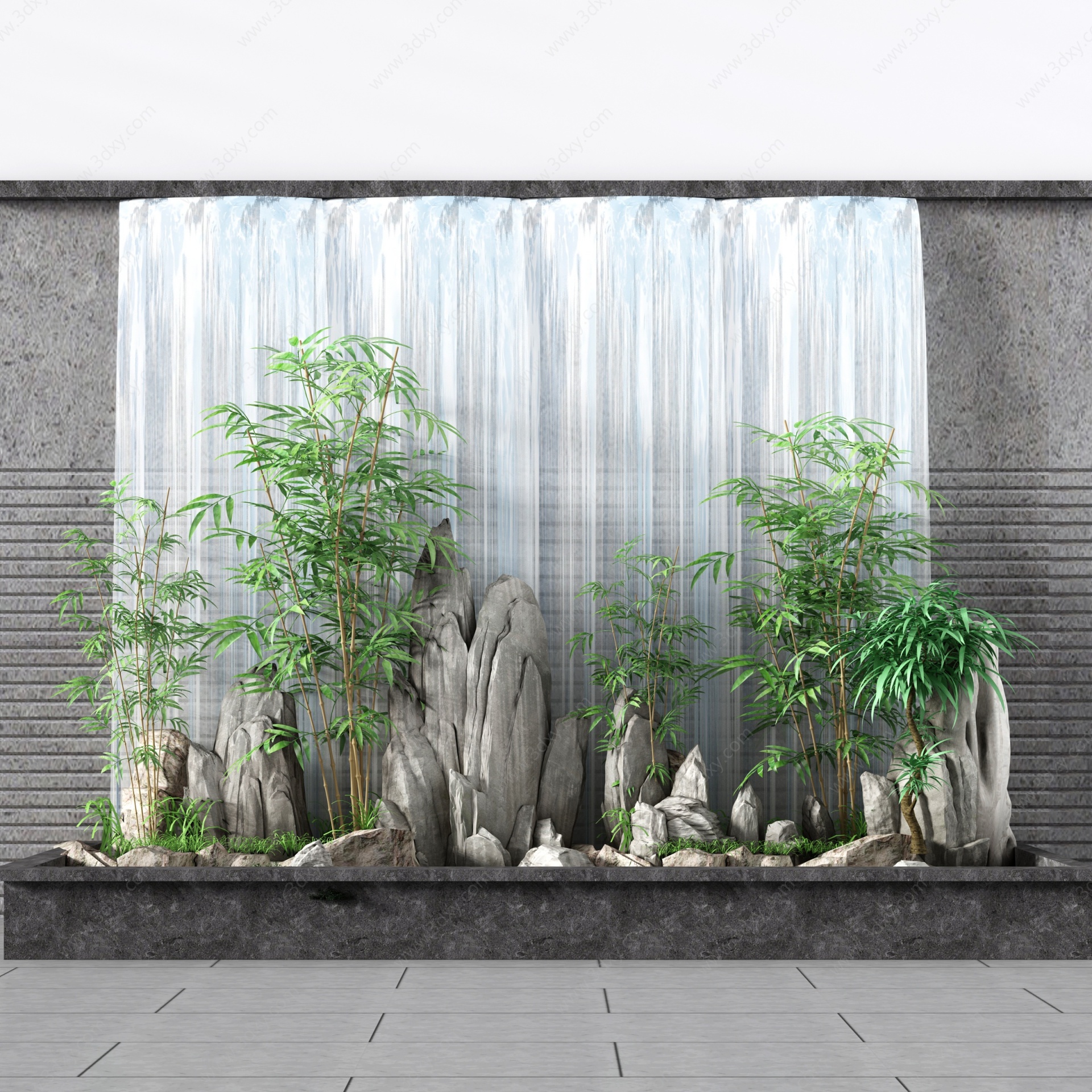 新中式假山流水竹子3D模型