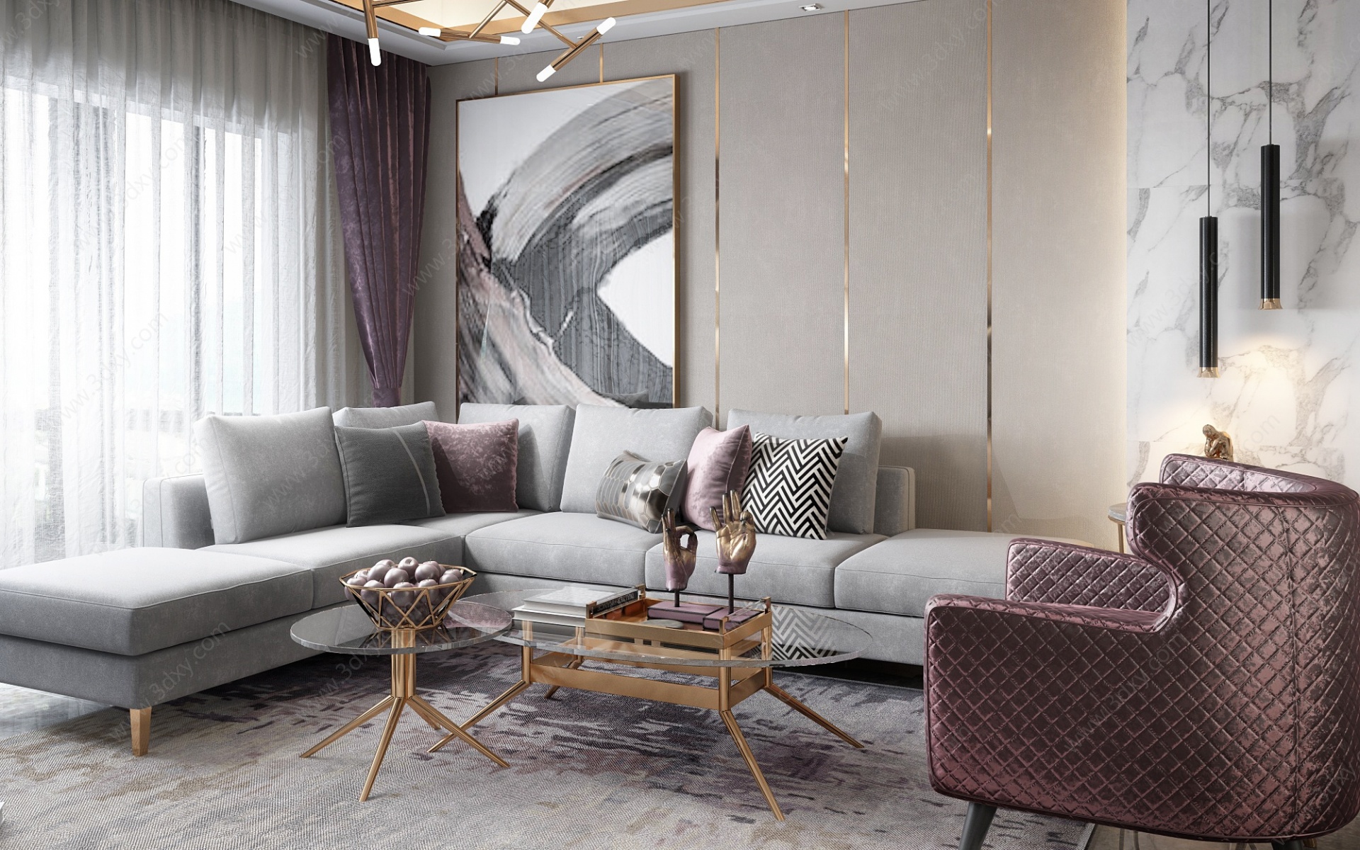 现代轻奢客厅沙发组合3D模型