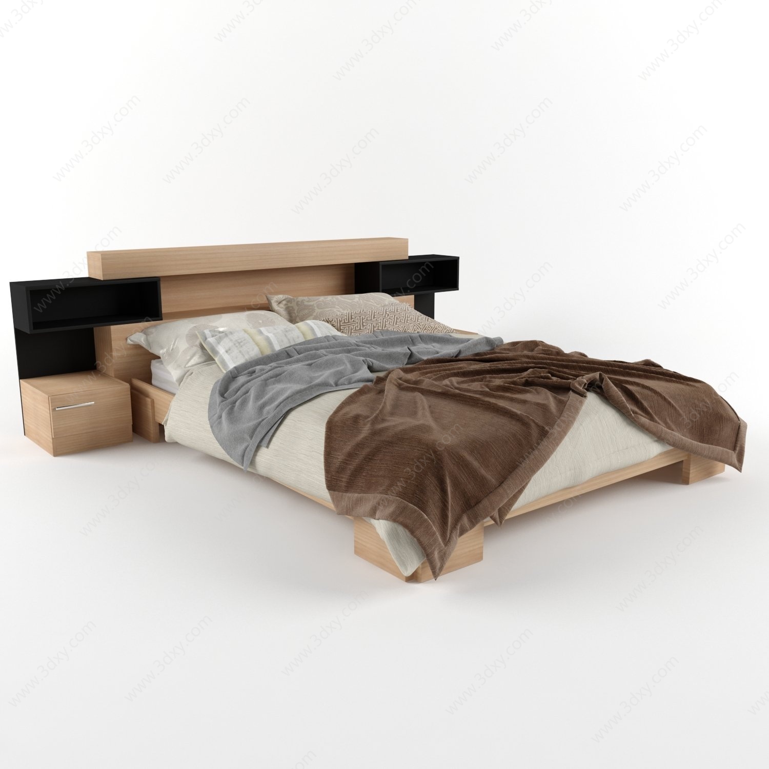现代双人床床头柜组合3D模型