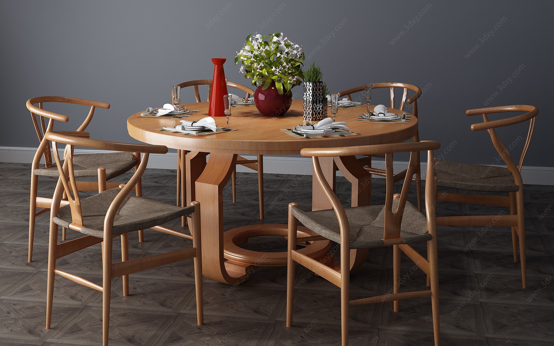 新中式餐桌餐桌椅圆桌3D模型
