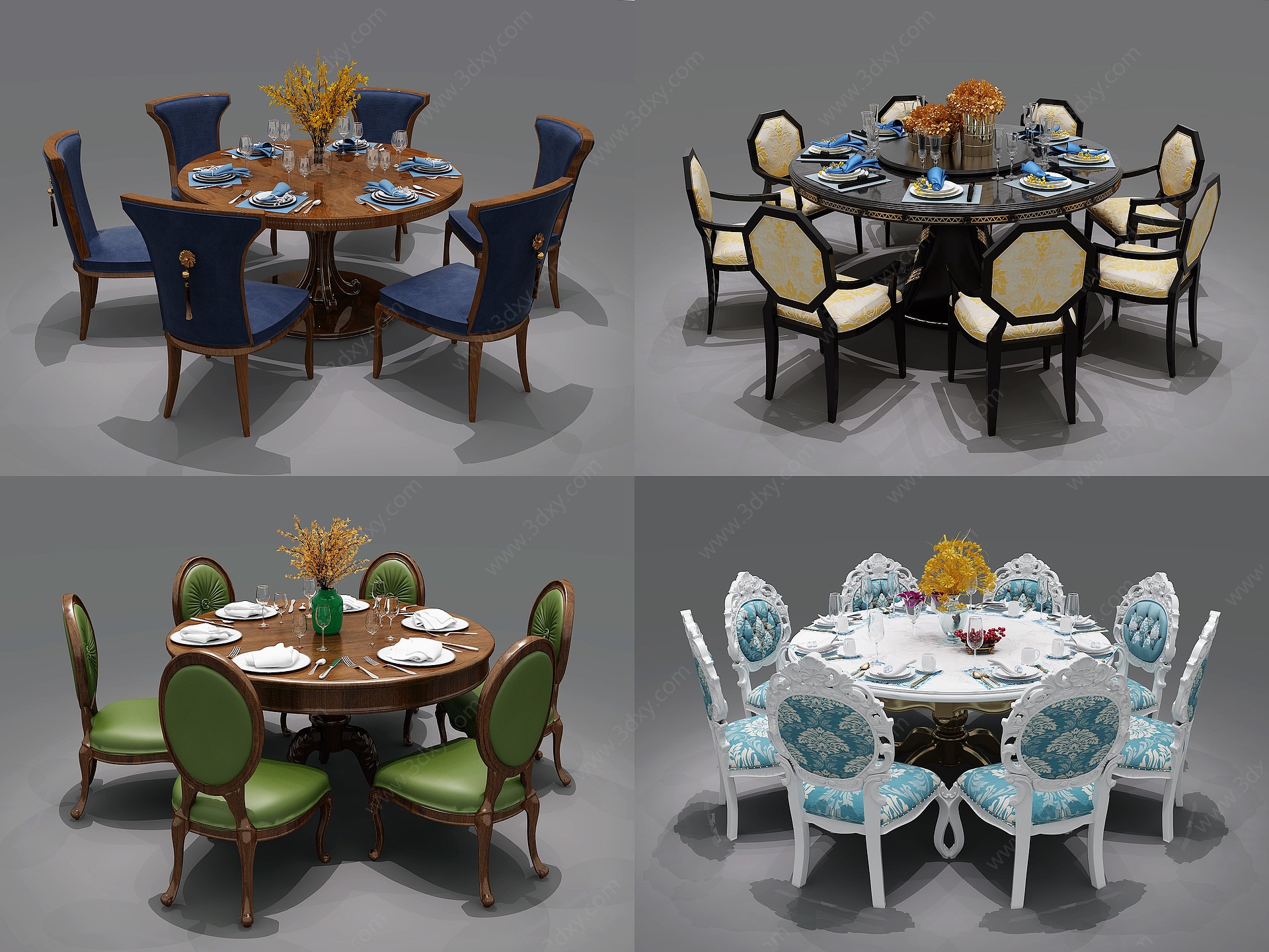 古典欧式圆形餐桌椅组合3D模型