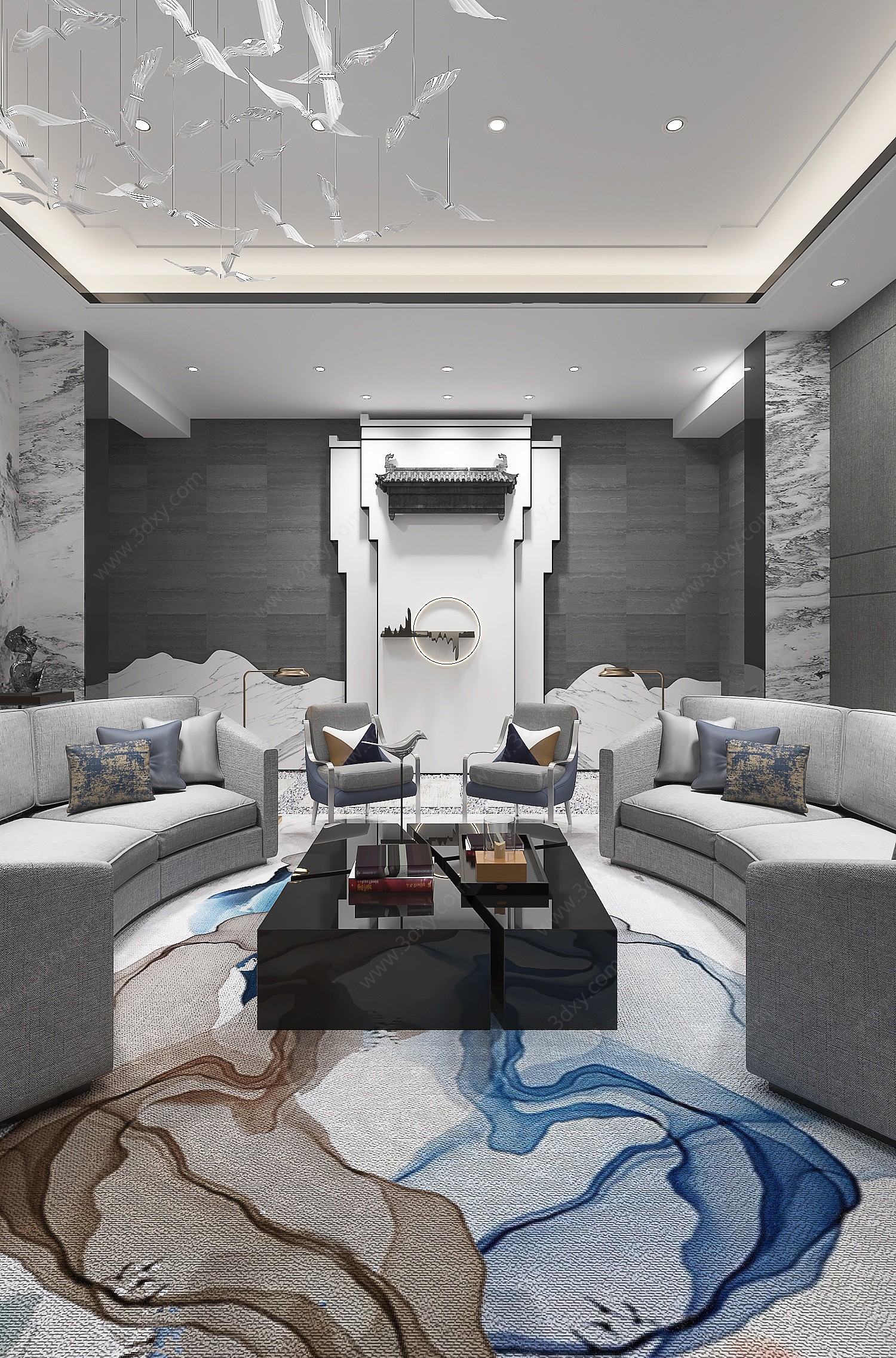 新中式客厅地毯吊灯3D模型