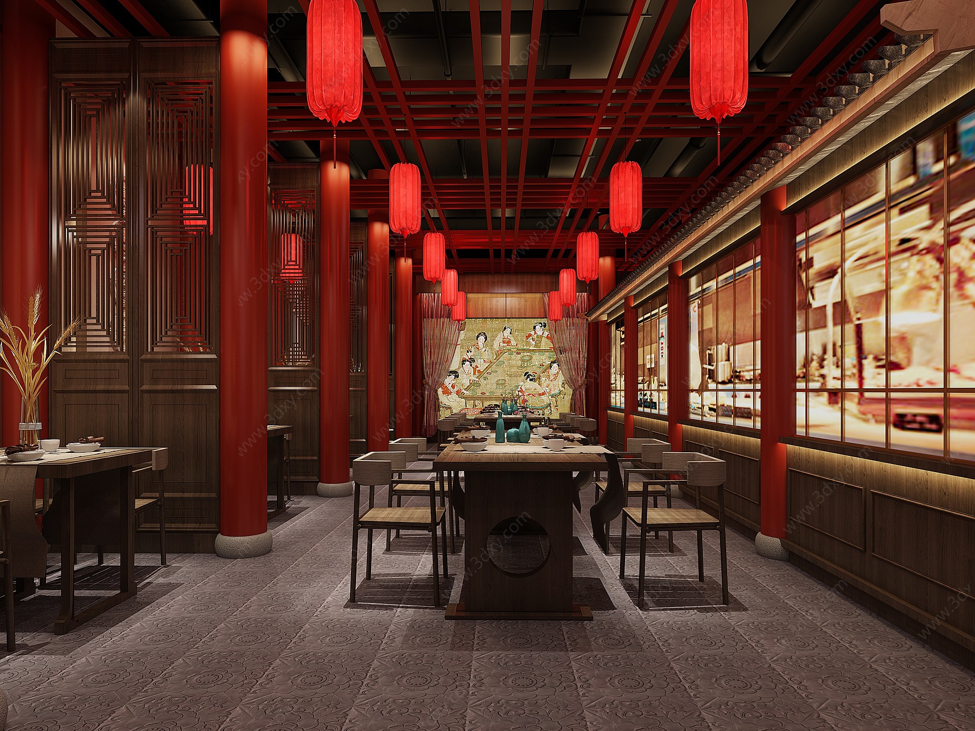 中式中餐厅灯笼餐桌椅子3D模型