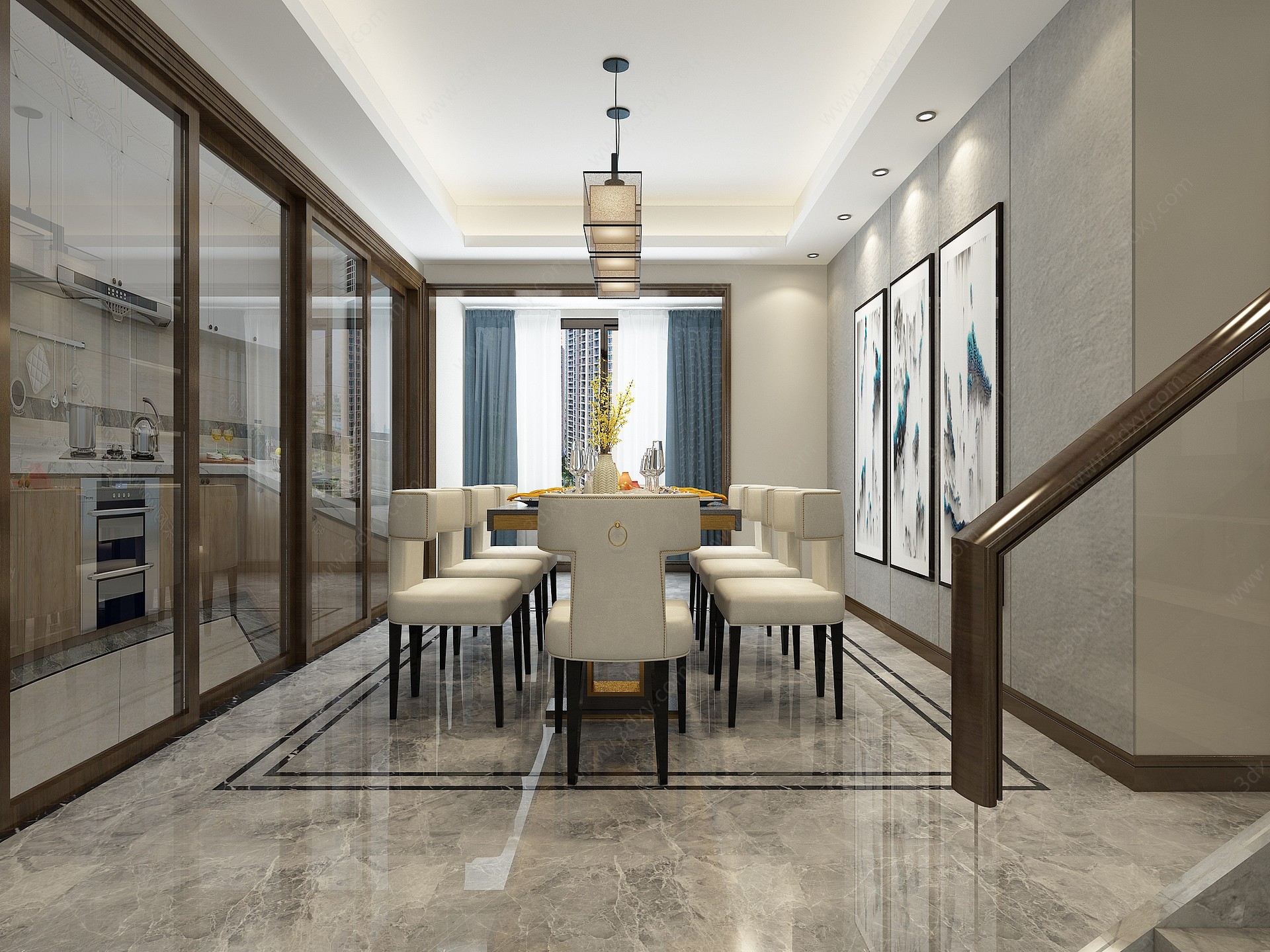 新中式餐厅楼梯玄关3D模型