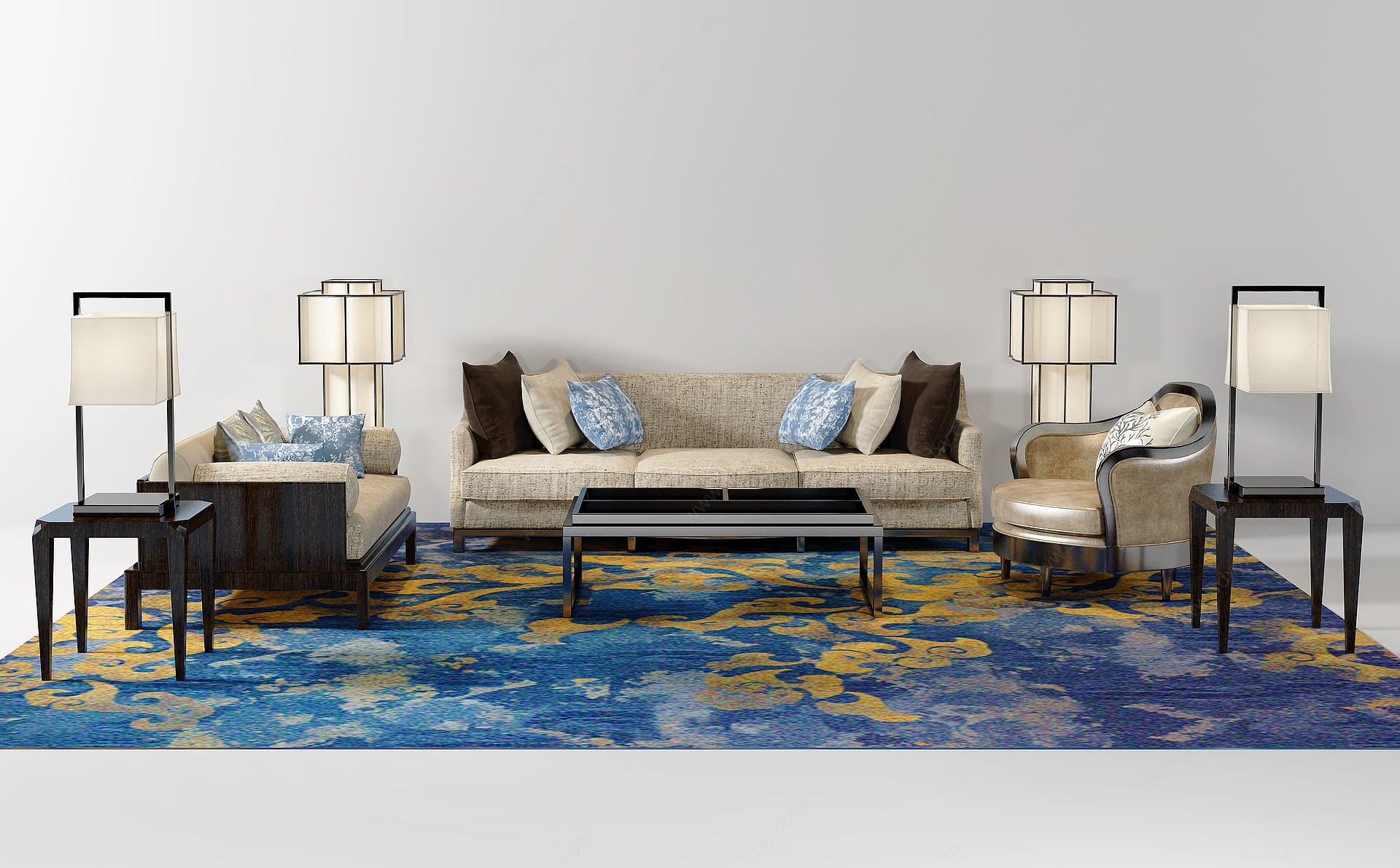 新中式沙发茶几地毯3D模型
