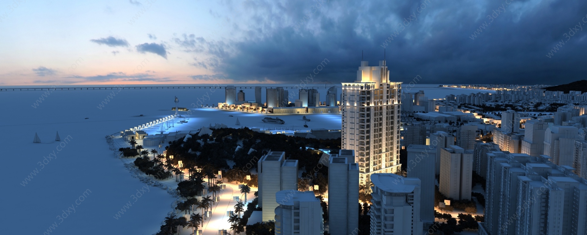 现代城市鸟瞰夜景建筑3D模型
