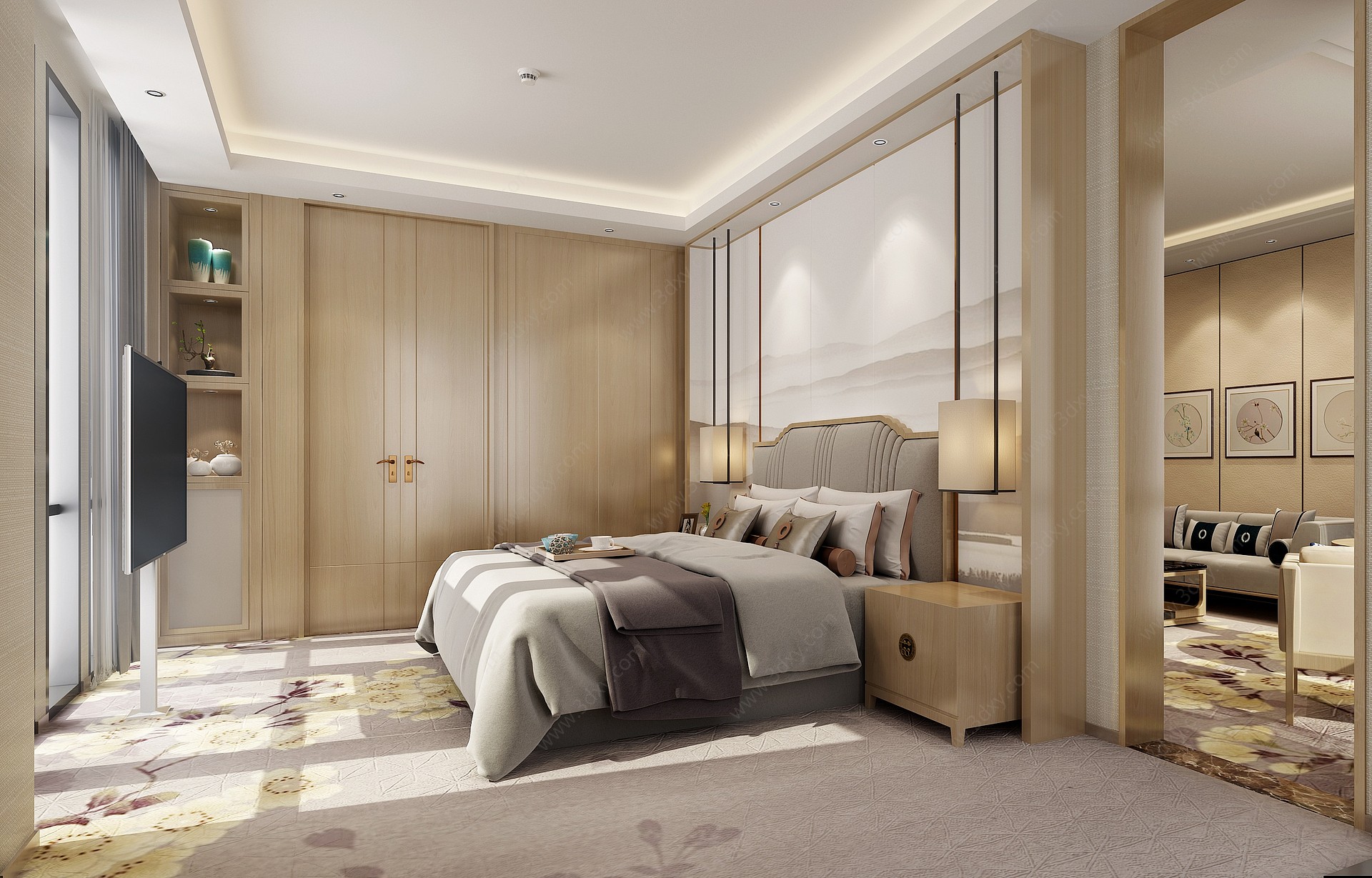 新中式酒店卧室3D模型