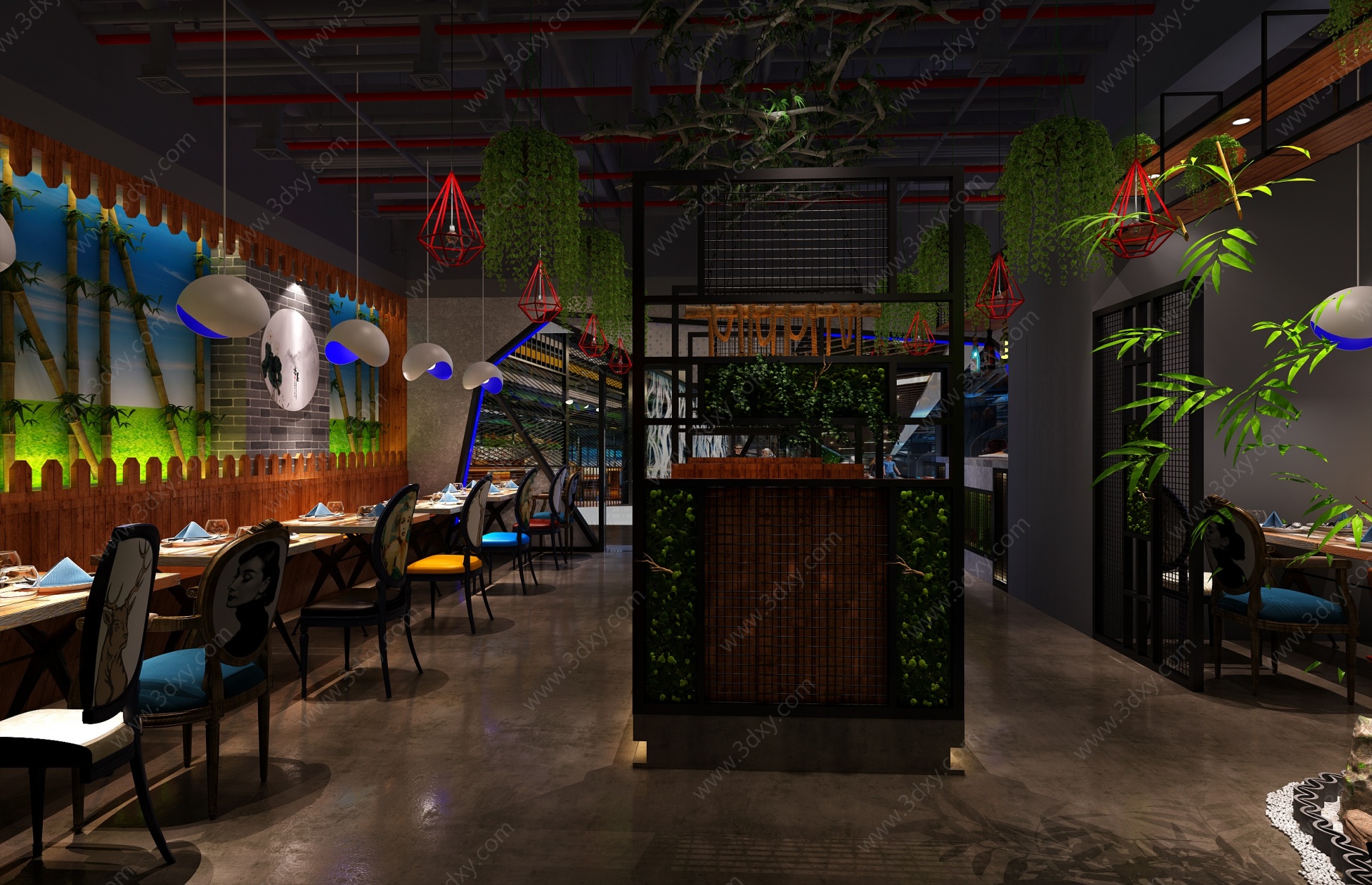 工业风音乐餐厅绿植餐厅3D模型