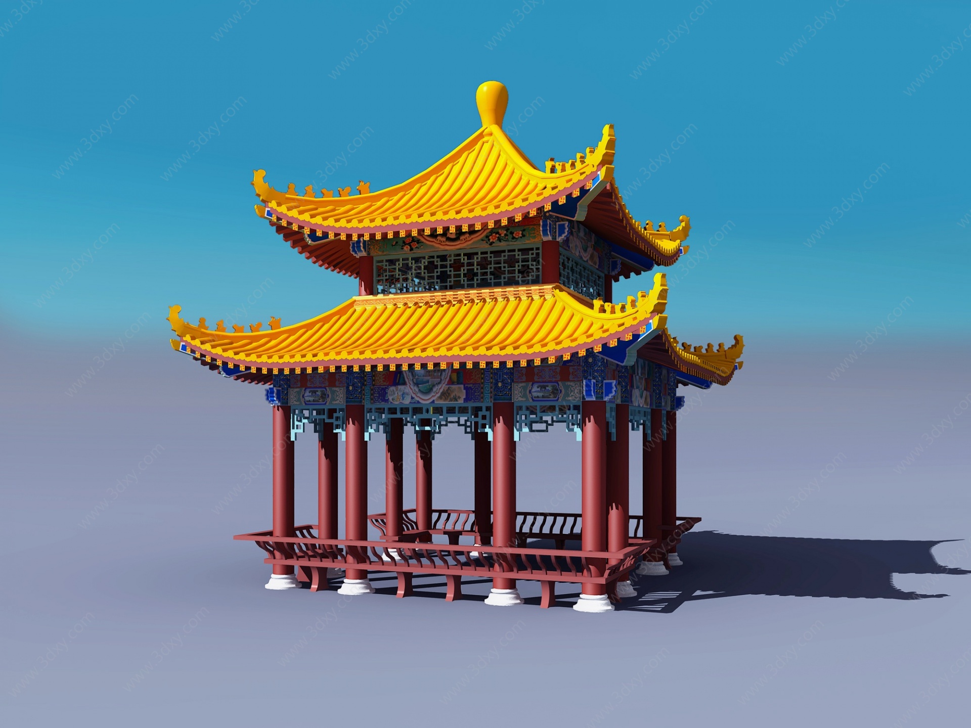 凉亭中式古建彩绘凉亭3D模型