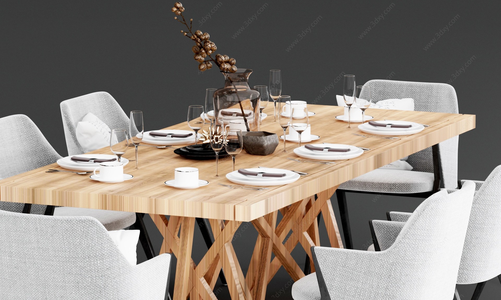 现代餐桌椅餐具组合3D模型