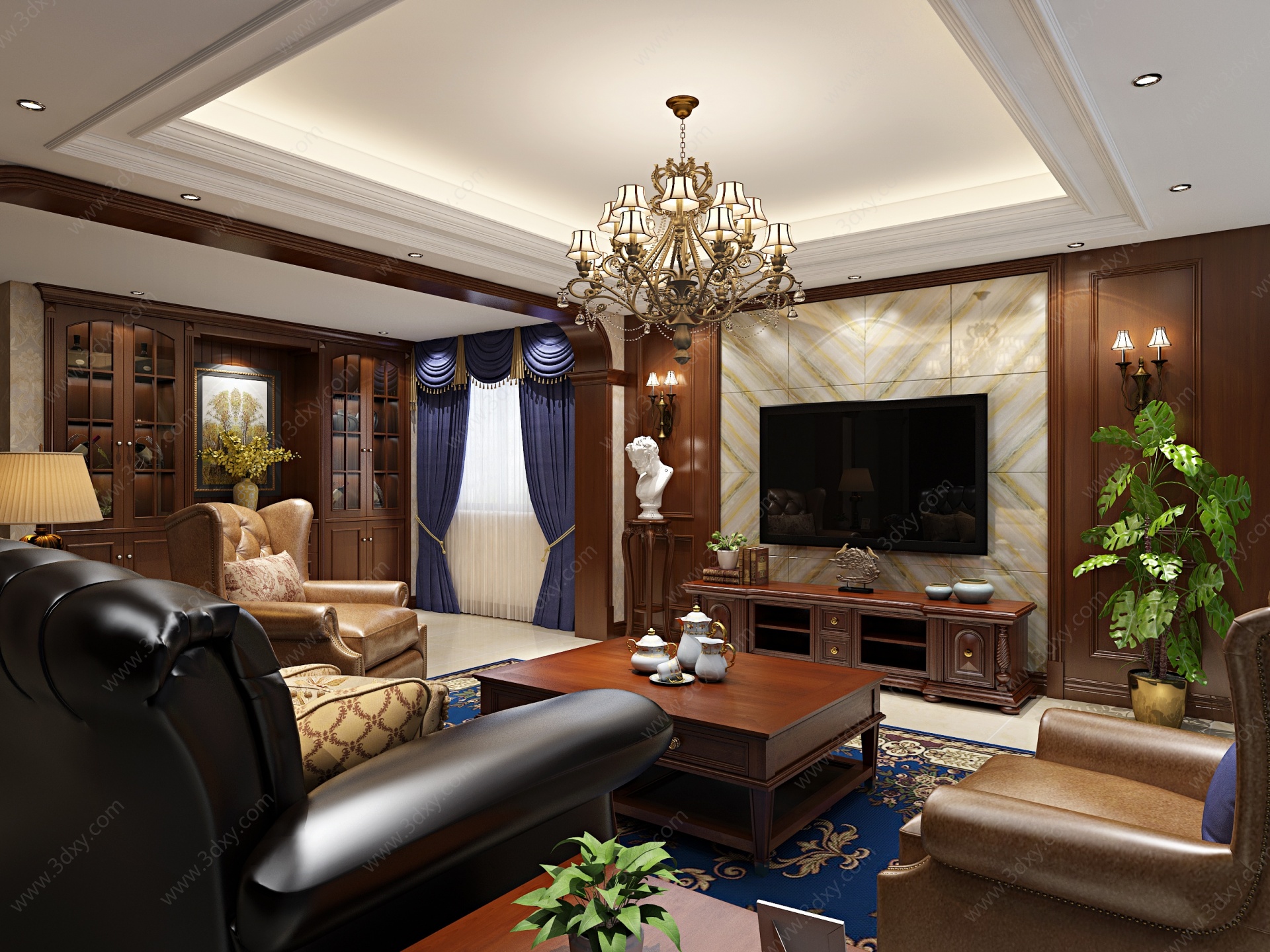 美式客厅沙发茶几组合3D模型
