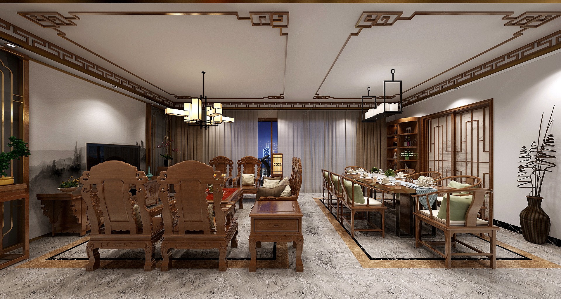 现代中式客厅餐厅3D模型