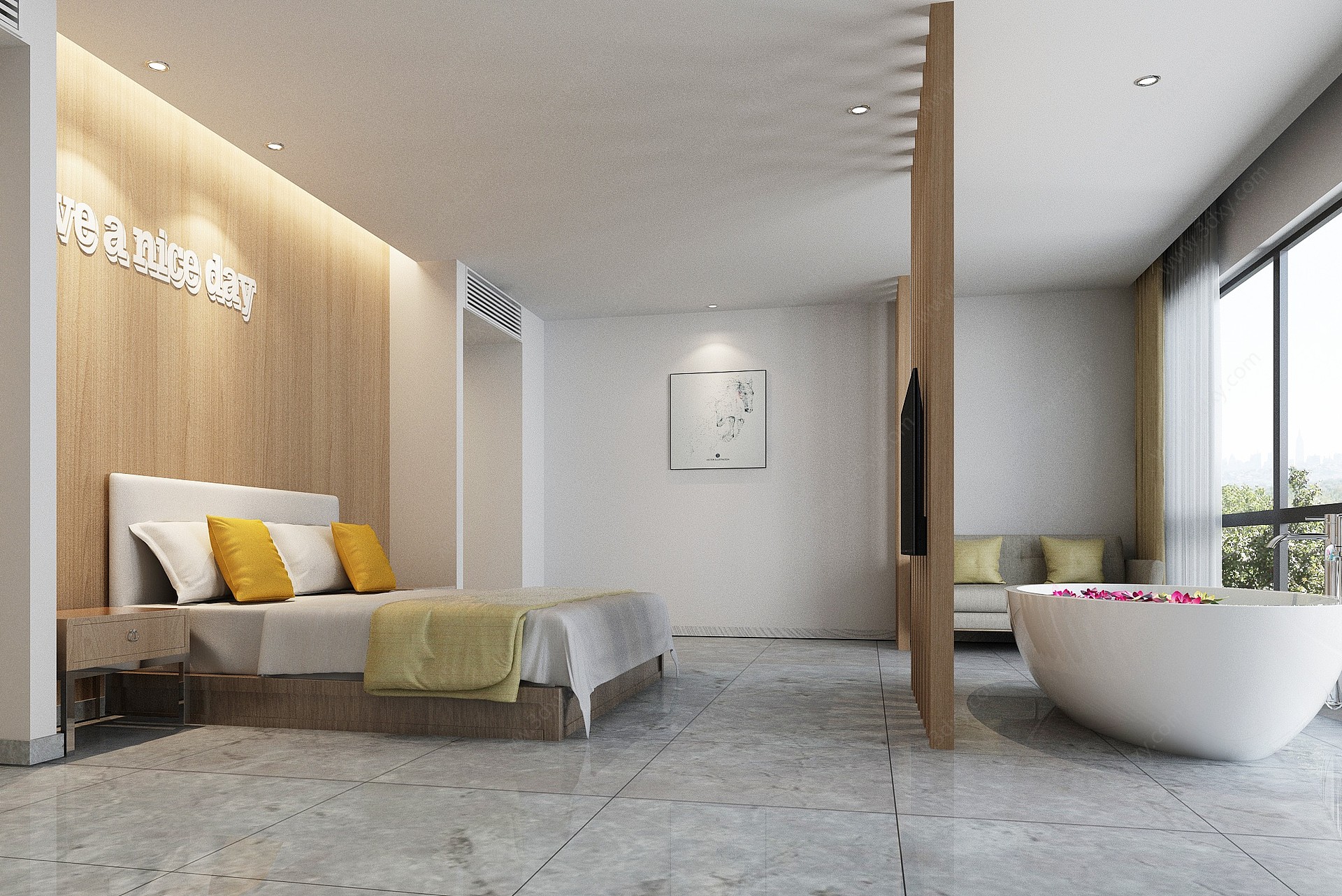 北欧极简酒店客房双人床3D模型