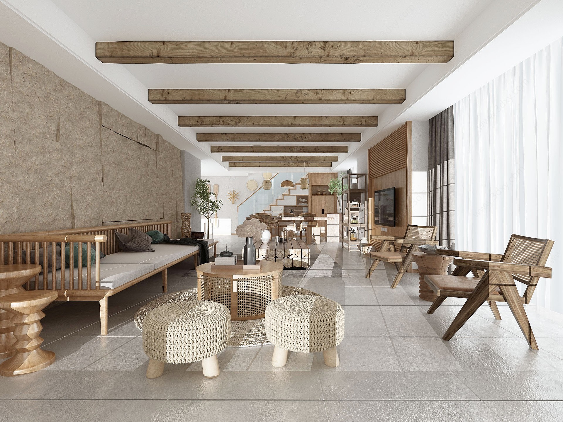 新中式自然风民宿客厅餐厅3D模型