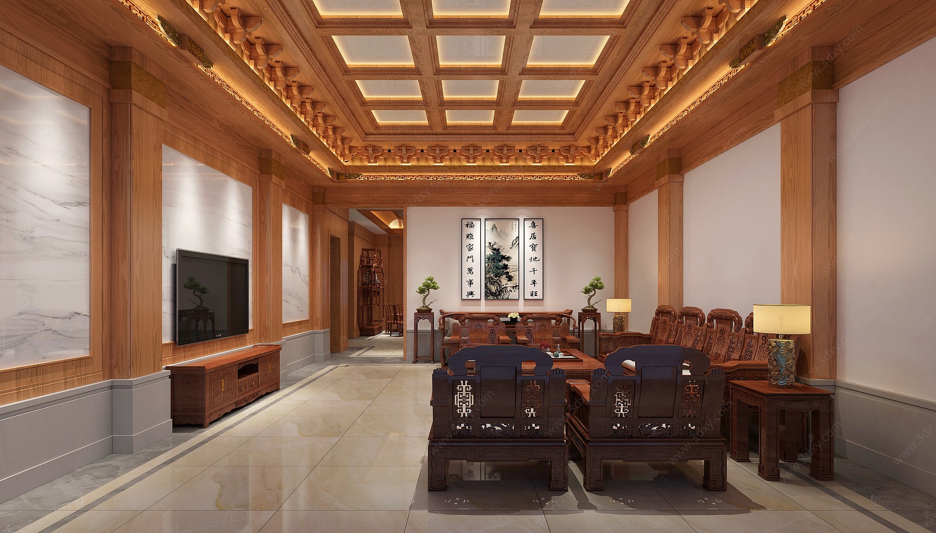 中式别墅客餐厅3D模型