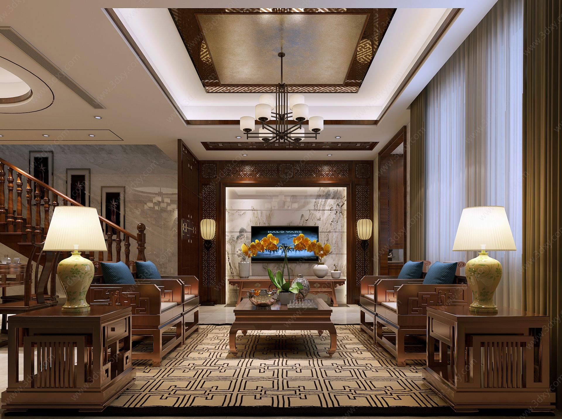 中式客厅沙发地毯3D模型