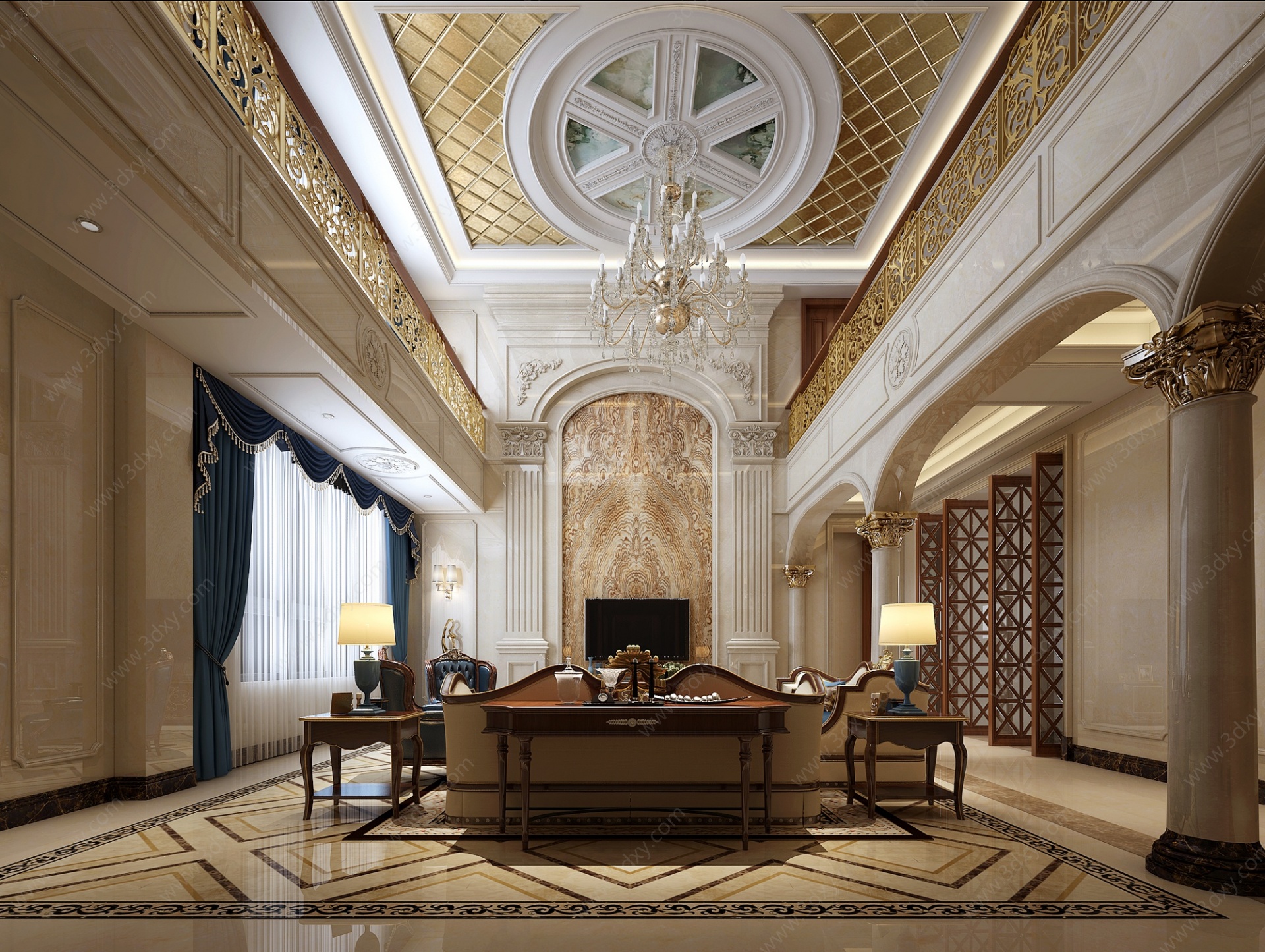 古典客厅沙发罗马柱3D模型