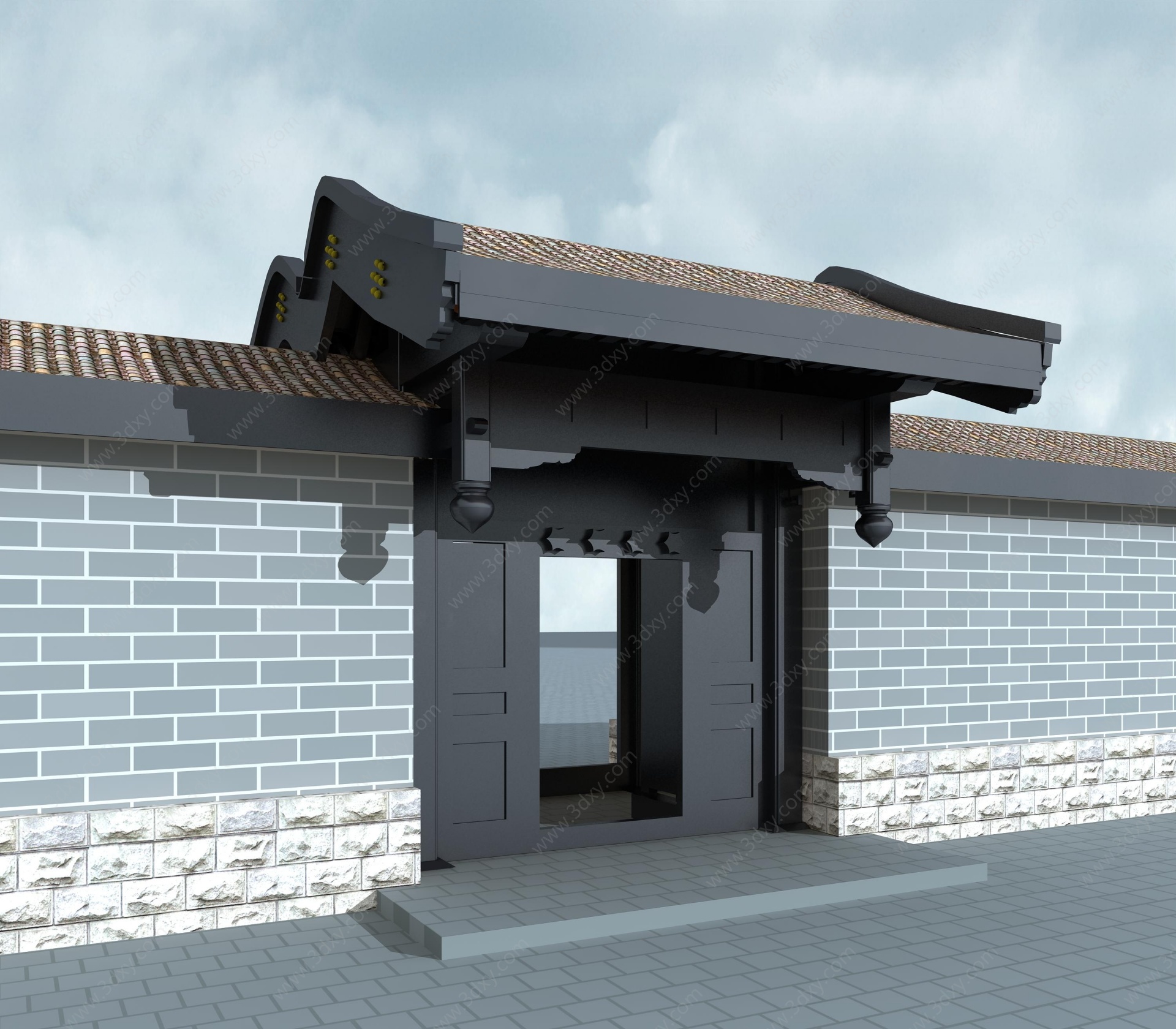 中式大门入口围墙3D模型