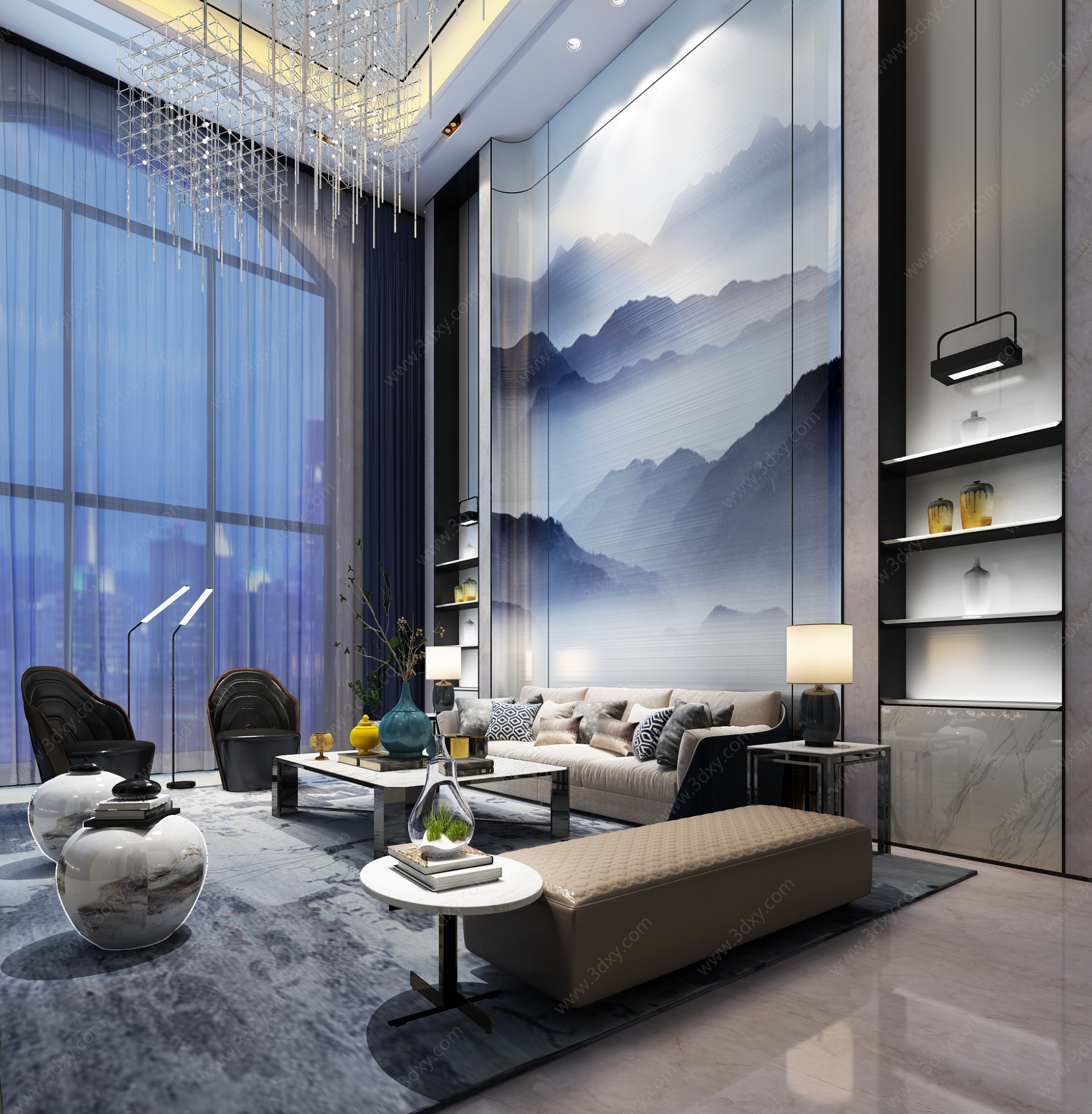 中式新中式别墅客厅3D模型