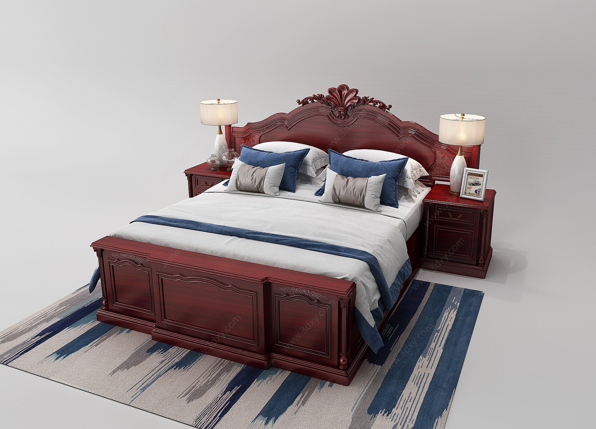 中式实木双人床床具3D模型