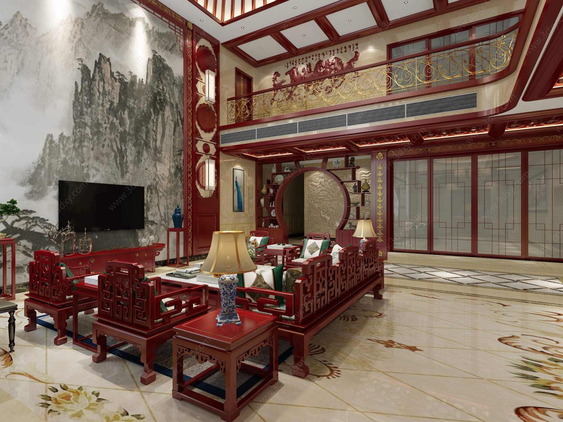 中式挑高客厅3D模型