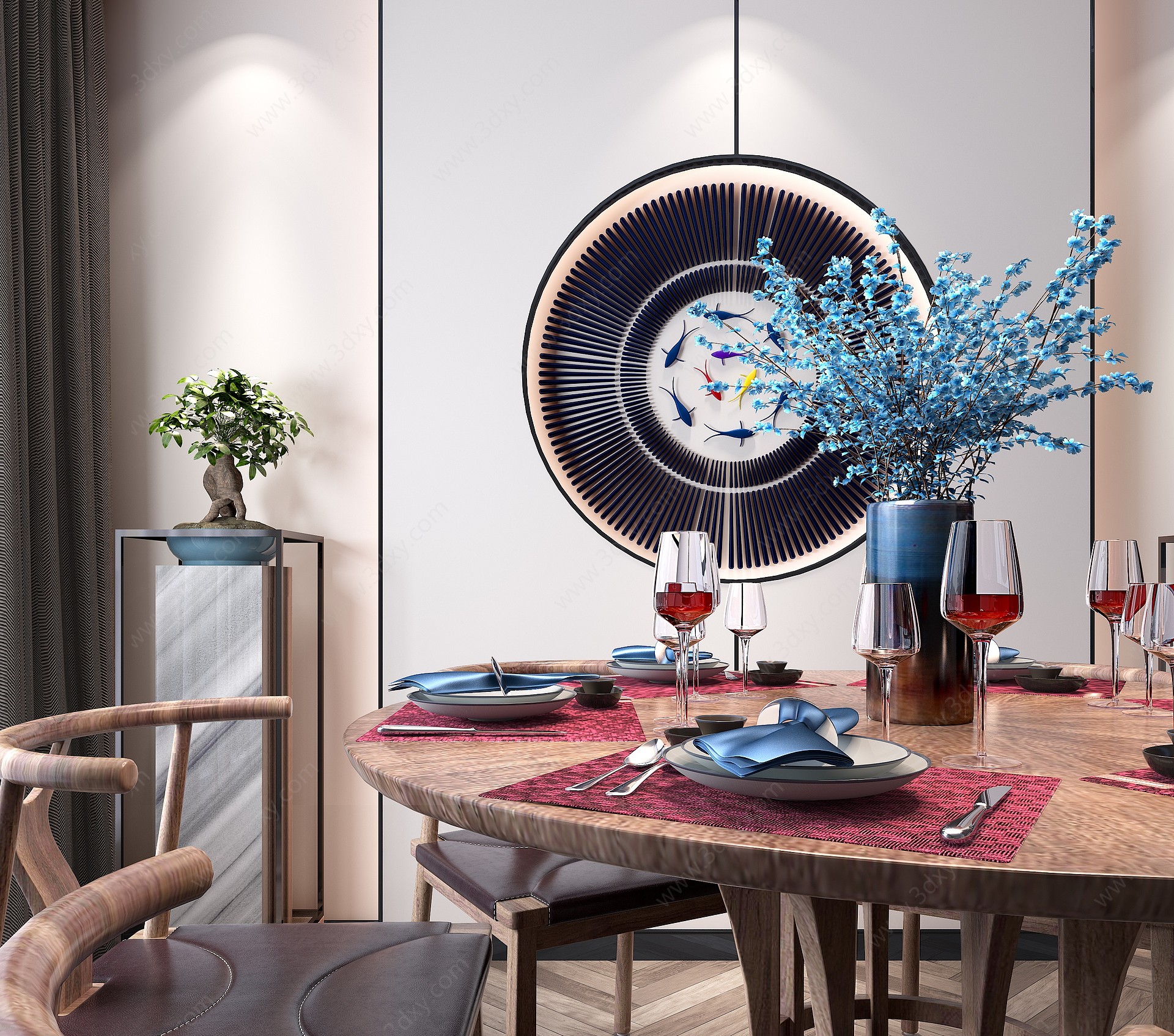 新中式餐桌单椅花瓶3D模型