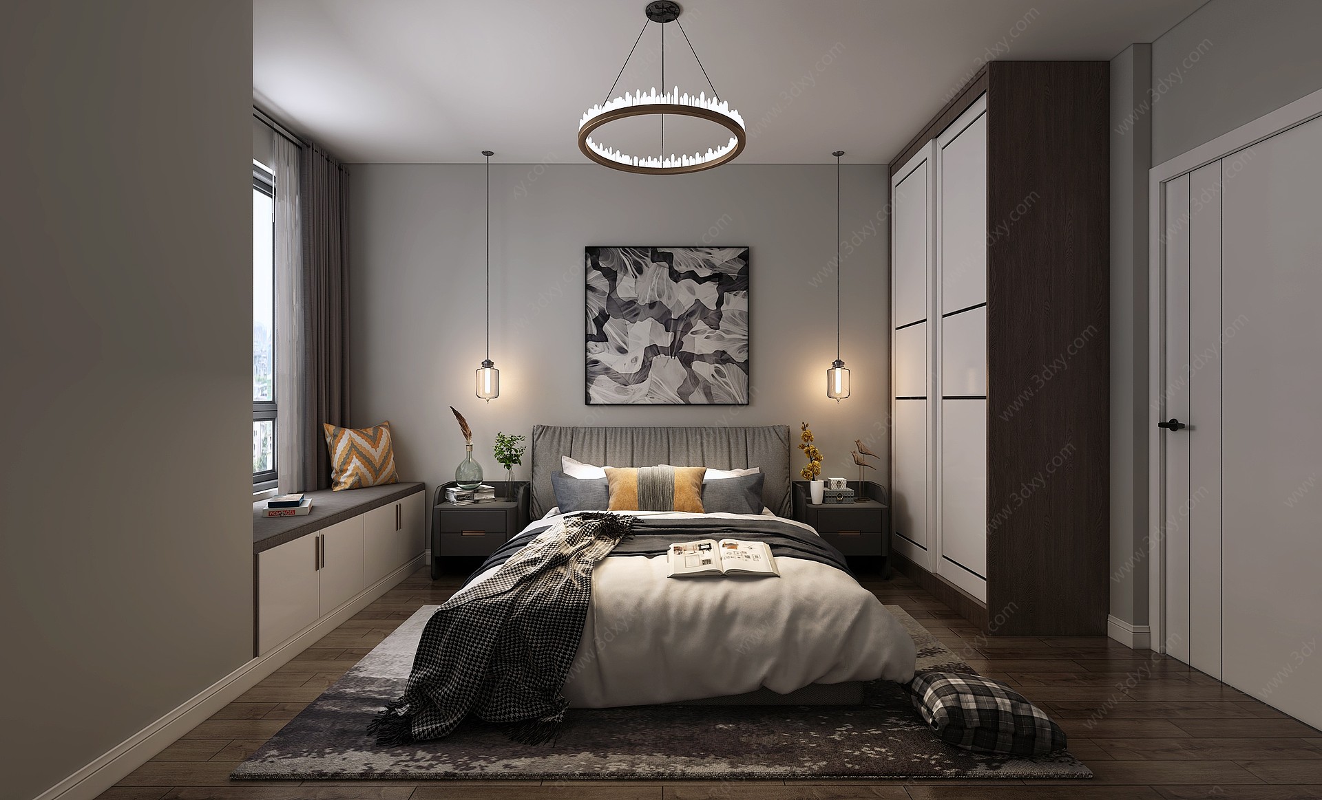 现代卧室双人床吊灯地毯3D模型