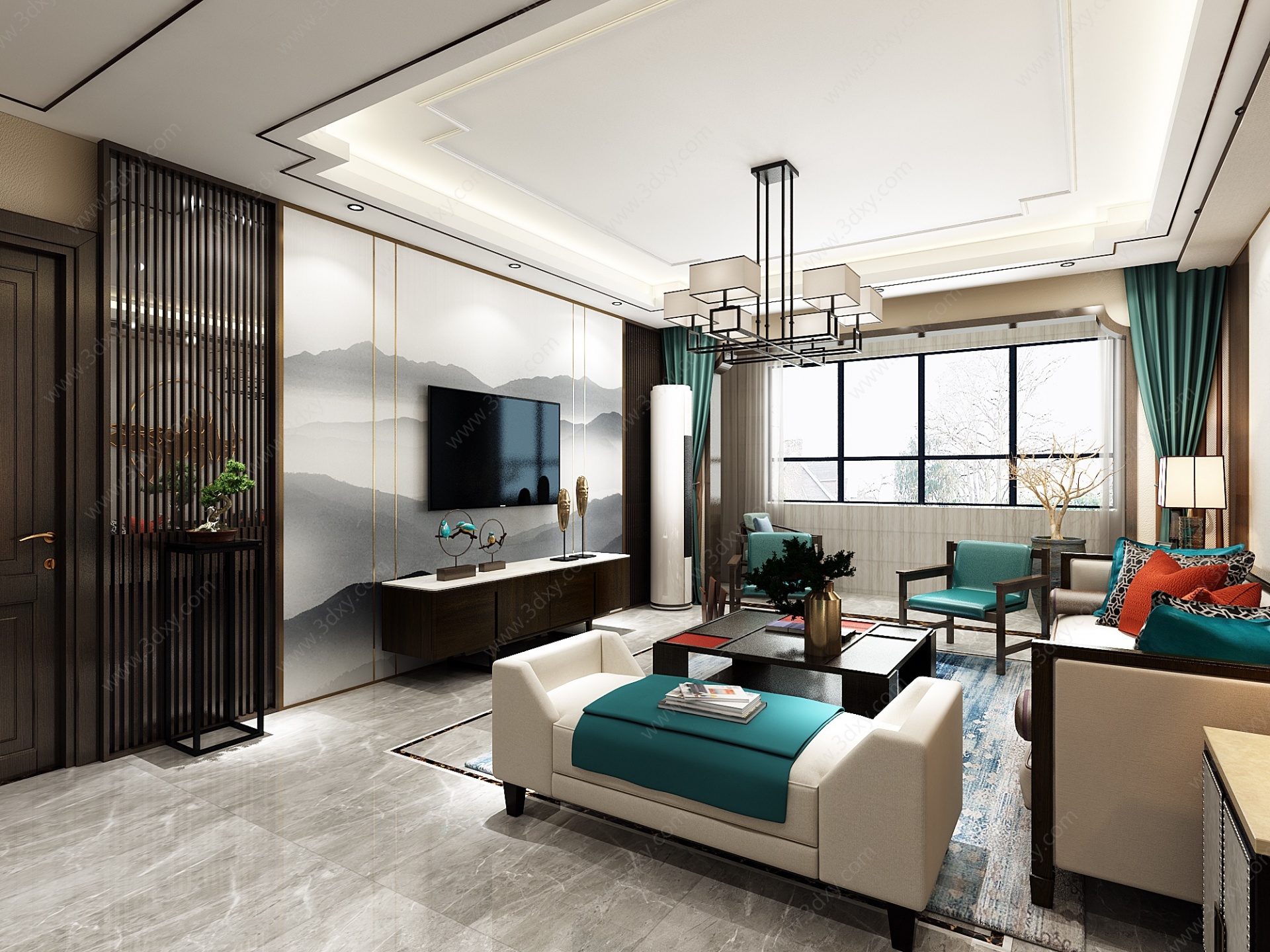 新中式家装客厅餐厅3D模型
