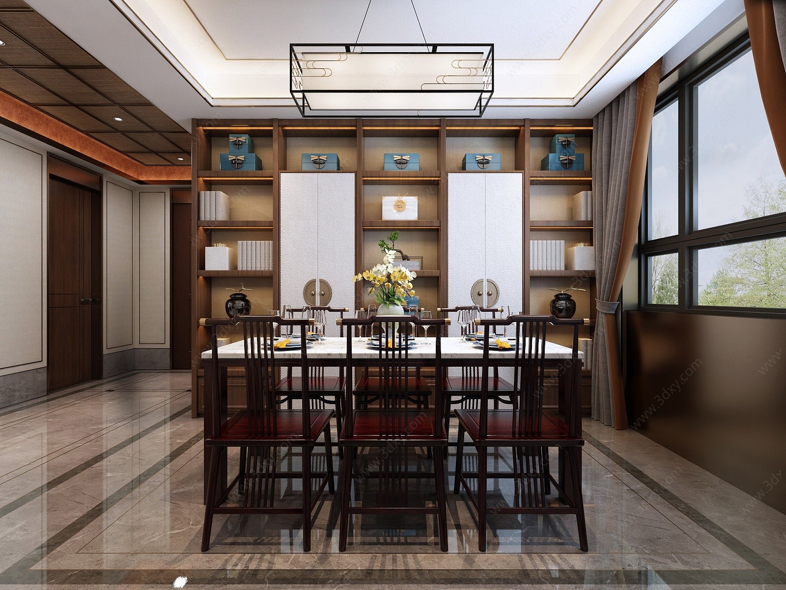 新中式餐厅沙发组合3D模型