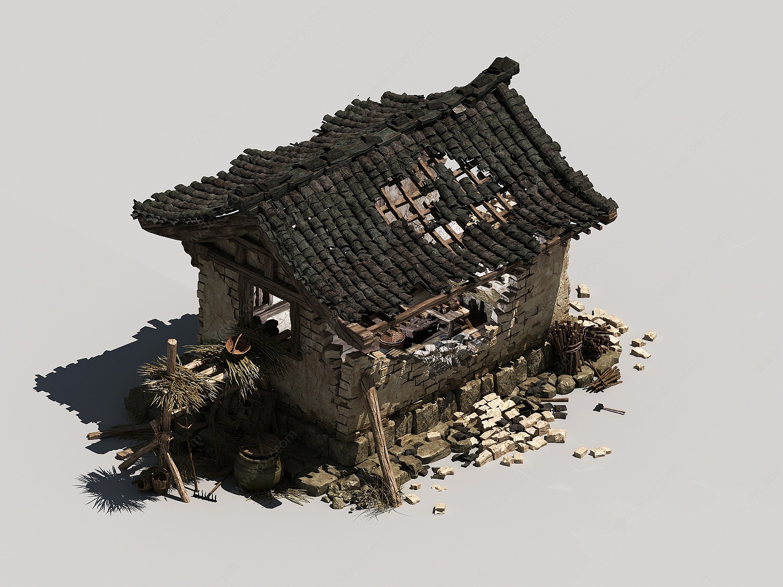 中式古建破房子瓦片稻草3D模型