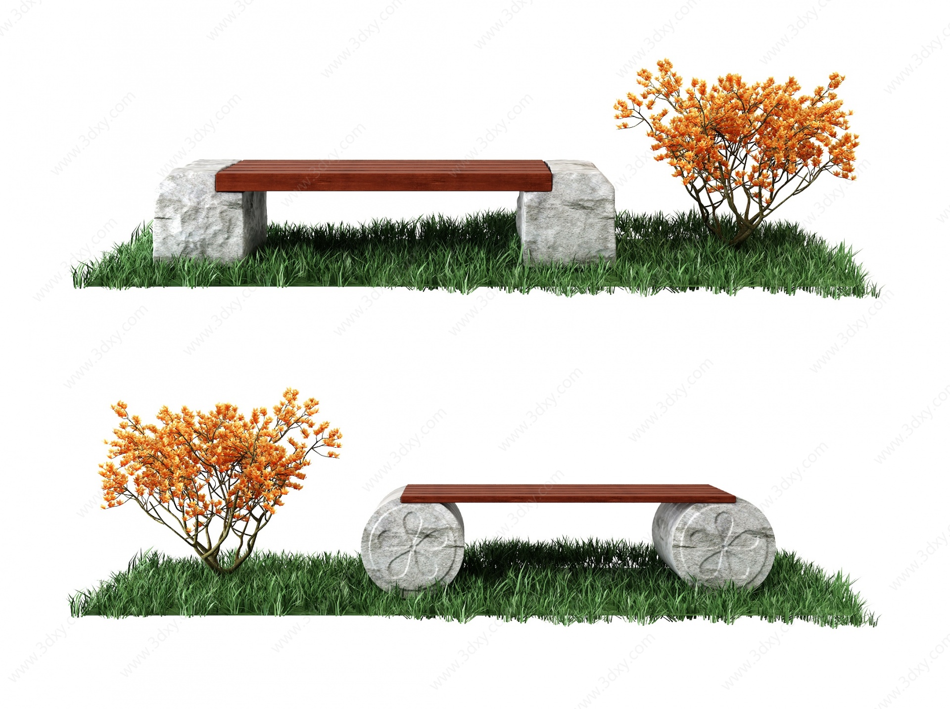 园林景观石头长凳3D模型