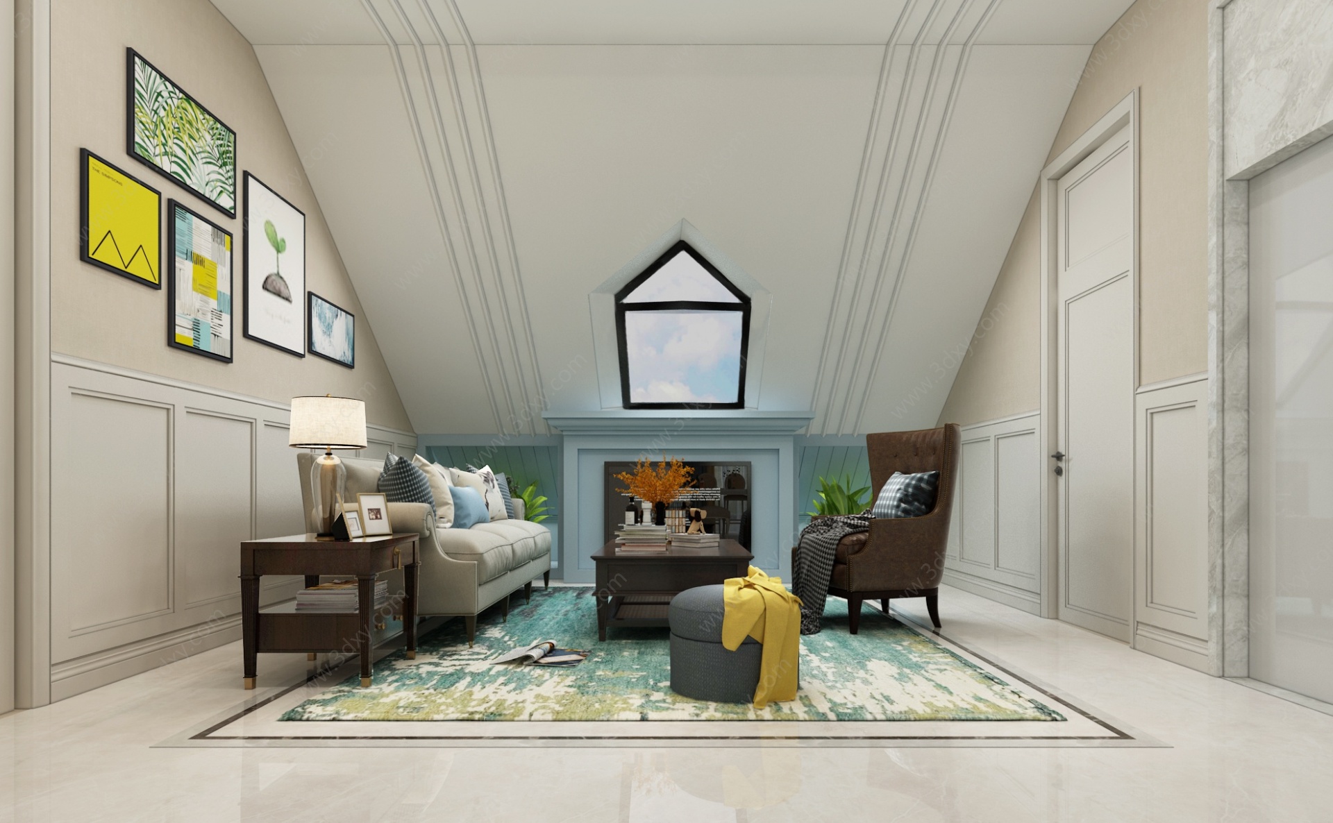 现代美式阁楼客厅3D模型