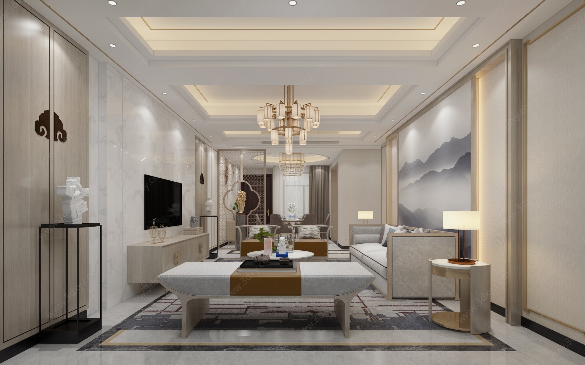 新中式客厅沙发吊灯3D模型