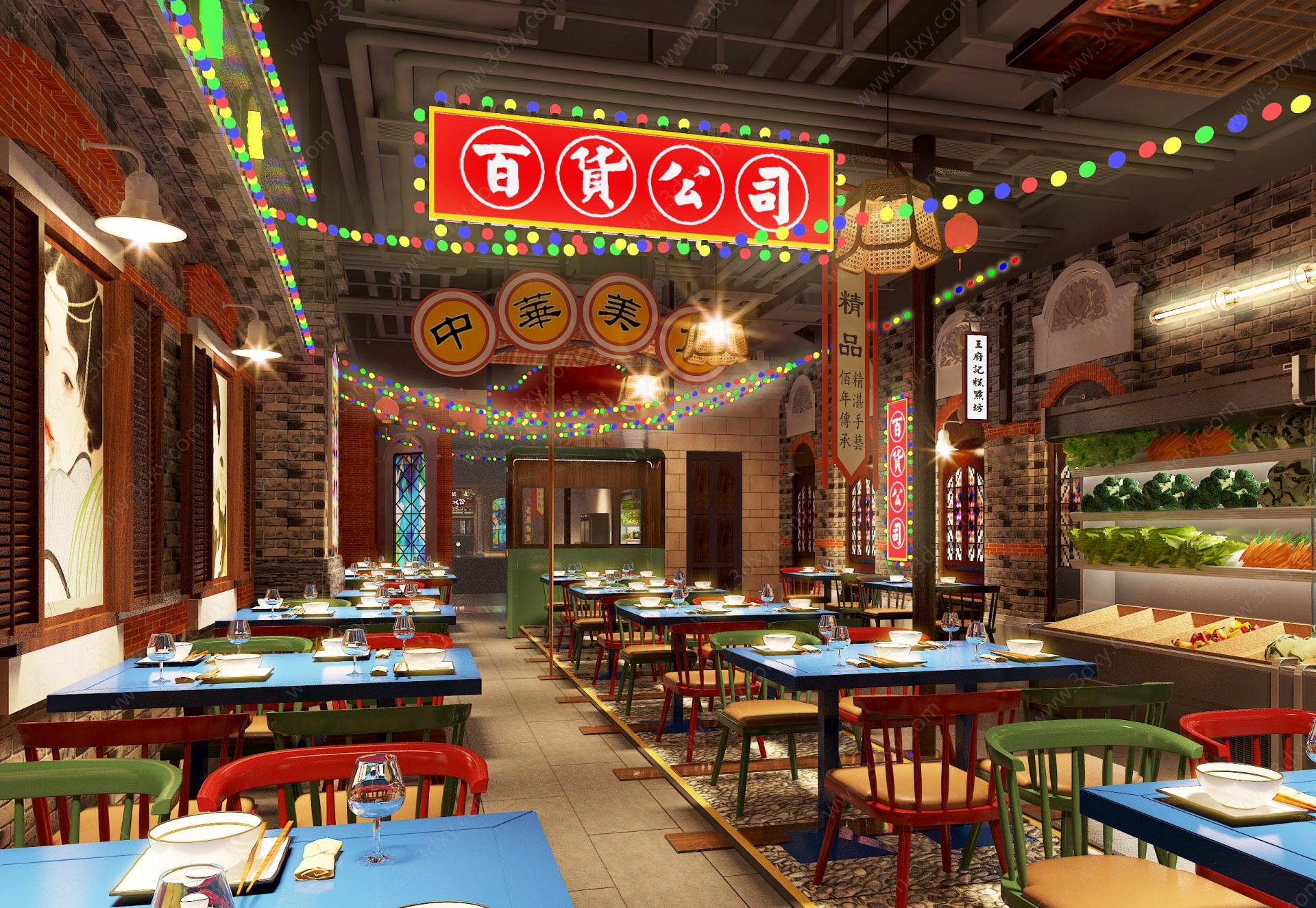 中式复古上海风餐厅3D模型