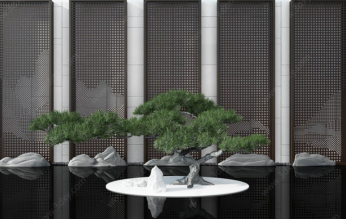 新中式园林迎客松背景墙3D模型