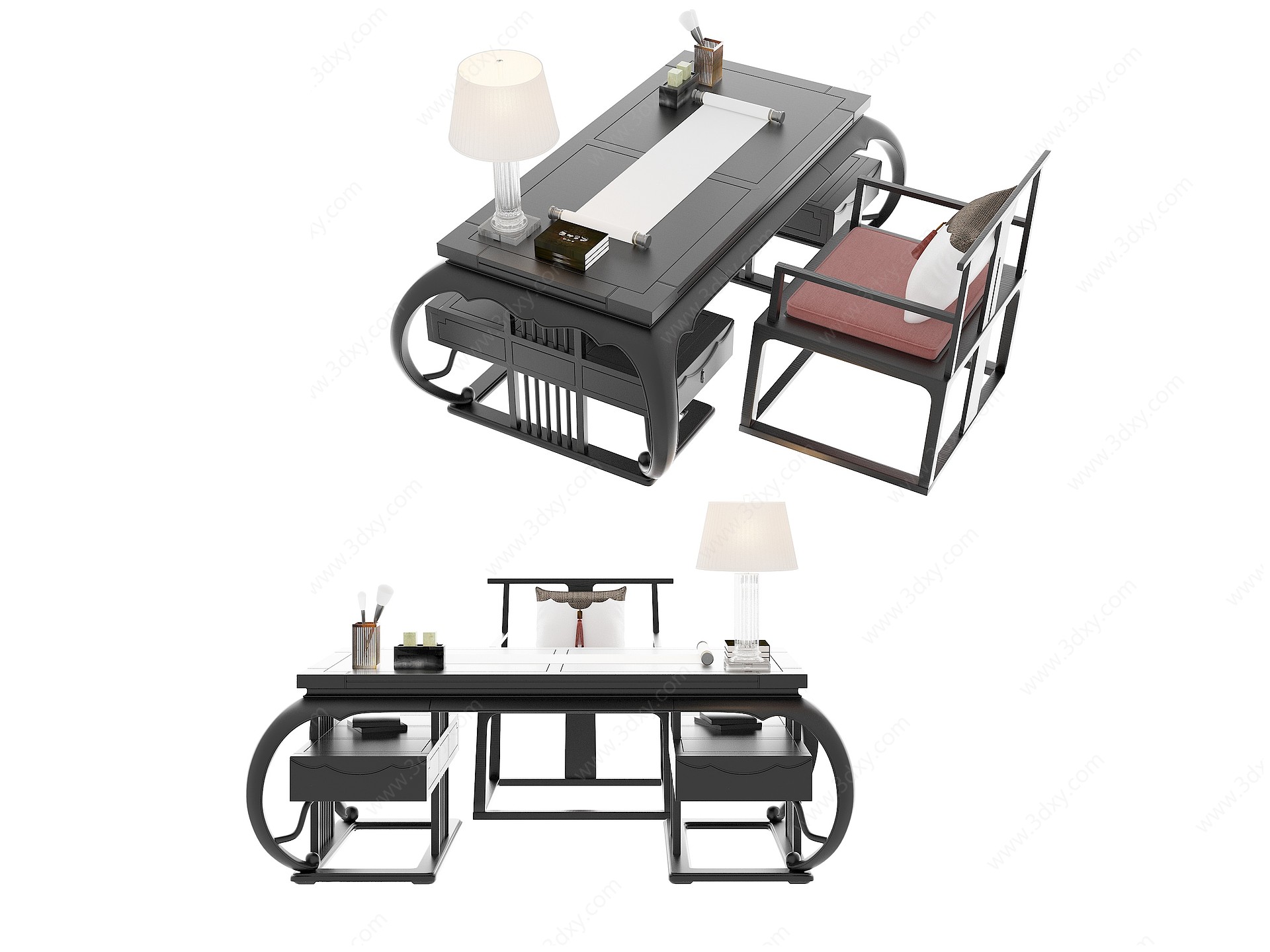 新中式书桌椅组合3D模型