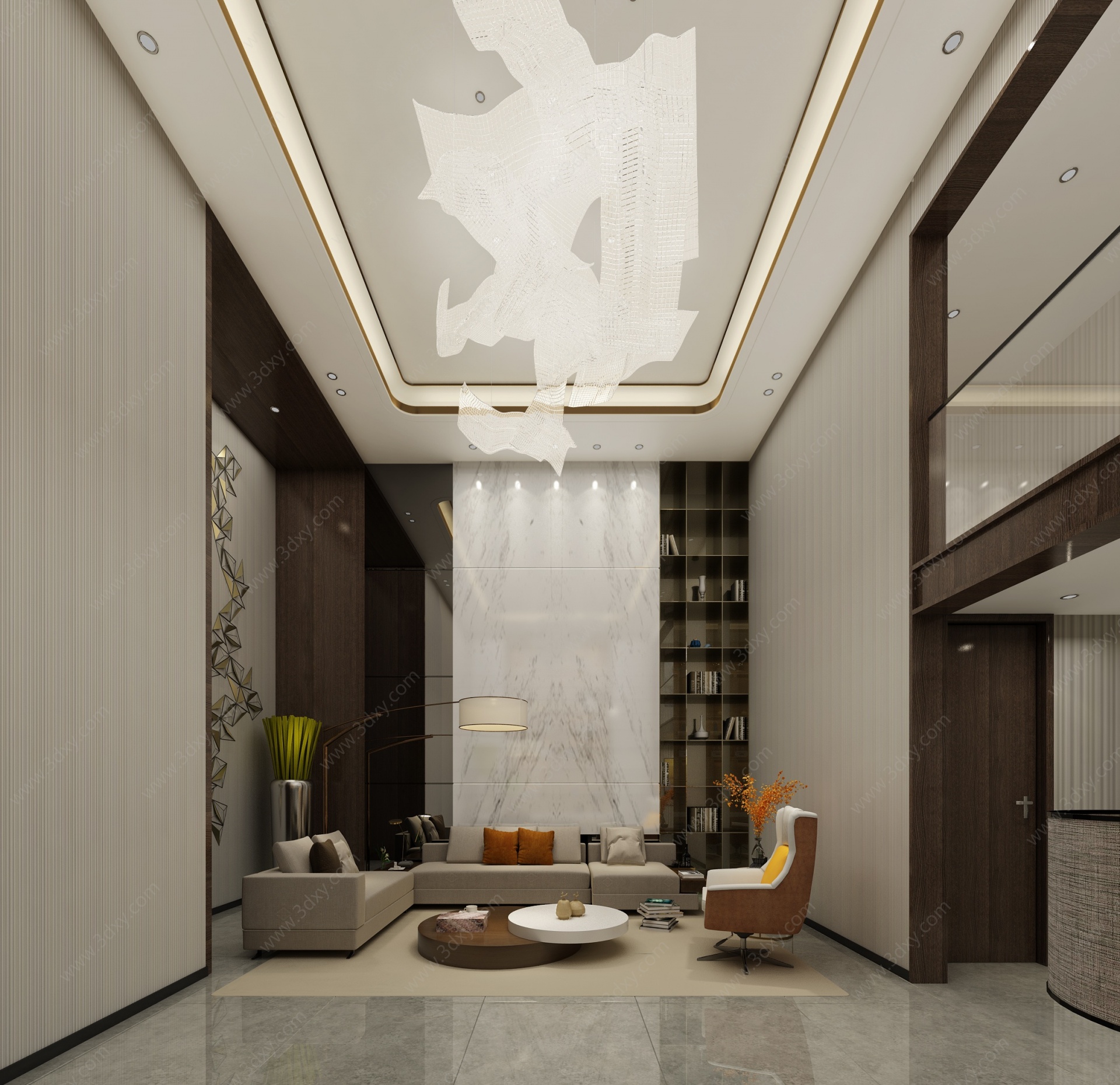 现代别墅地下挑高客厅3D模型