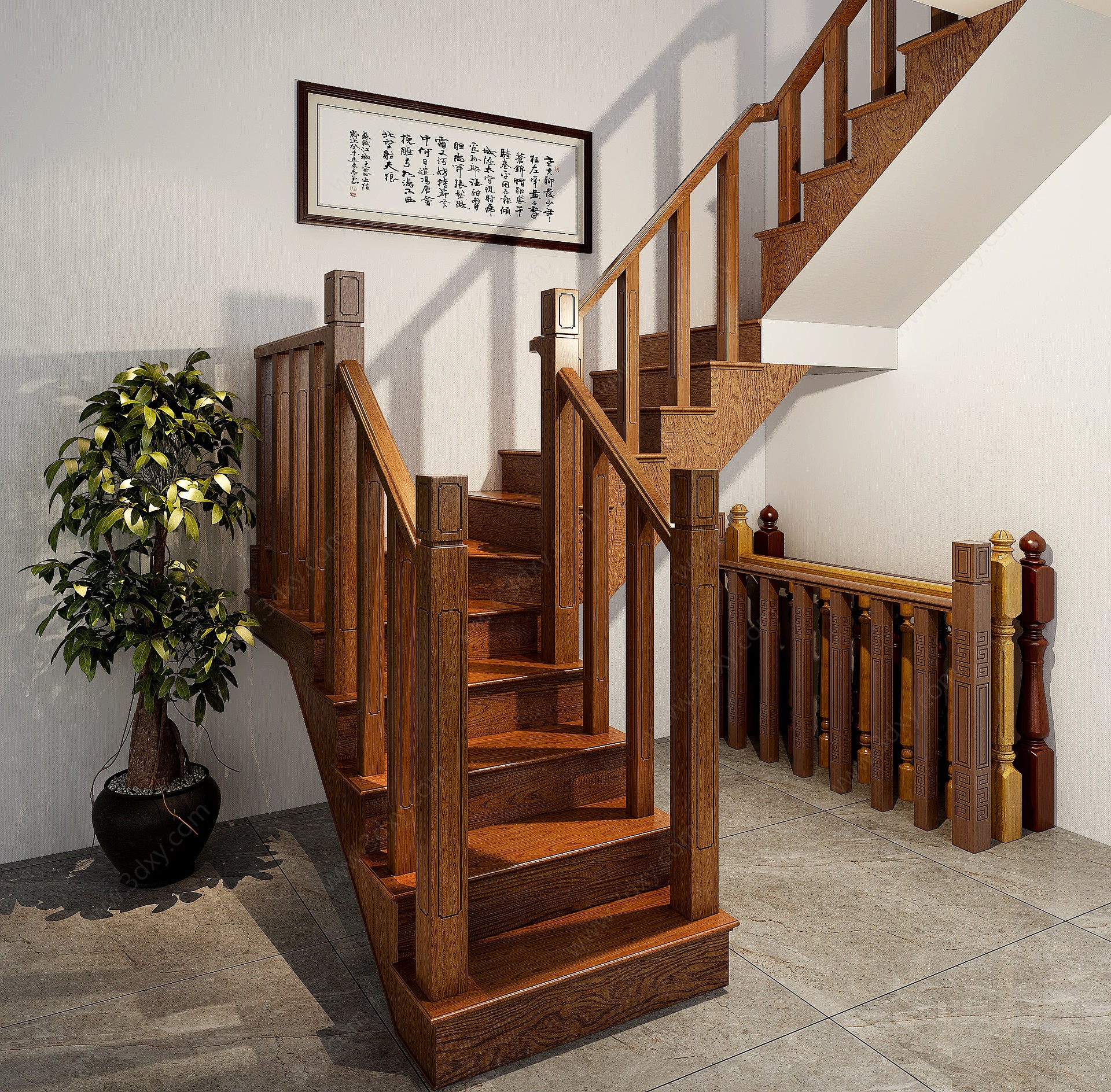 新中式楼梯实木楼梯3D模型