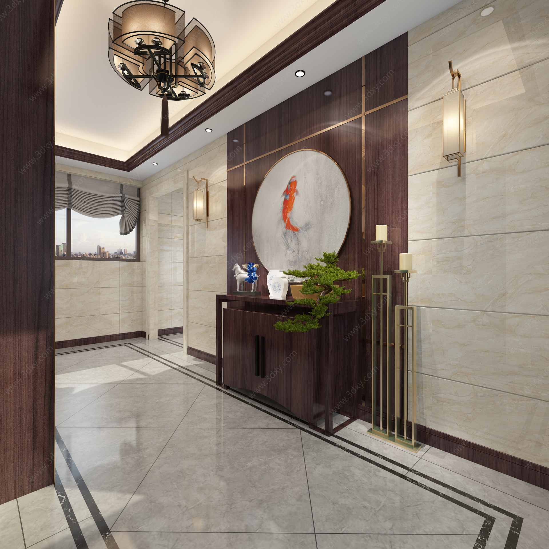新中式客餐厅卧室门厅3D模型
