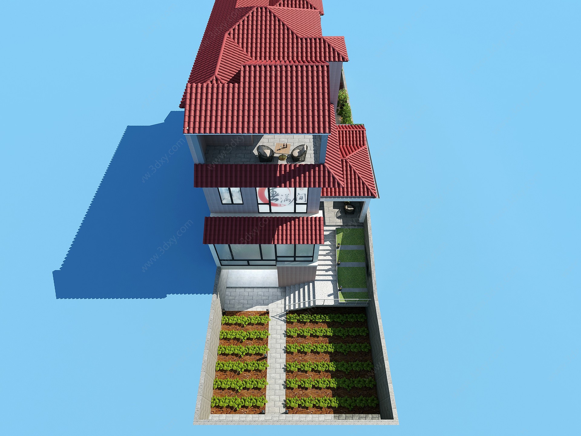 现代屋顶瓦片花园绿植3D模型