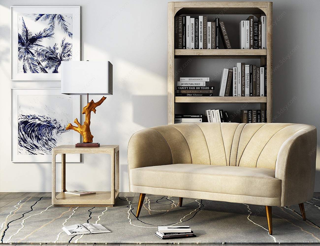 现代沙发组合茶几台灯书柜3D模型