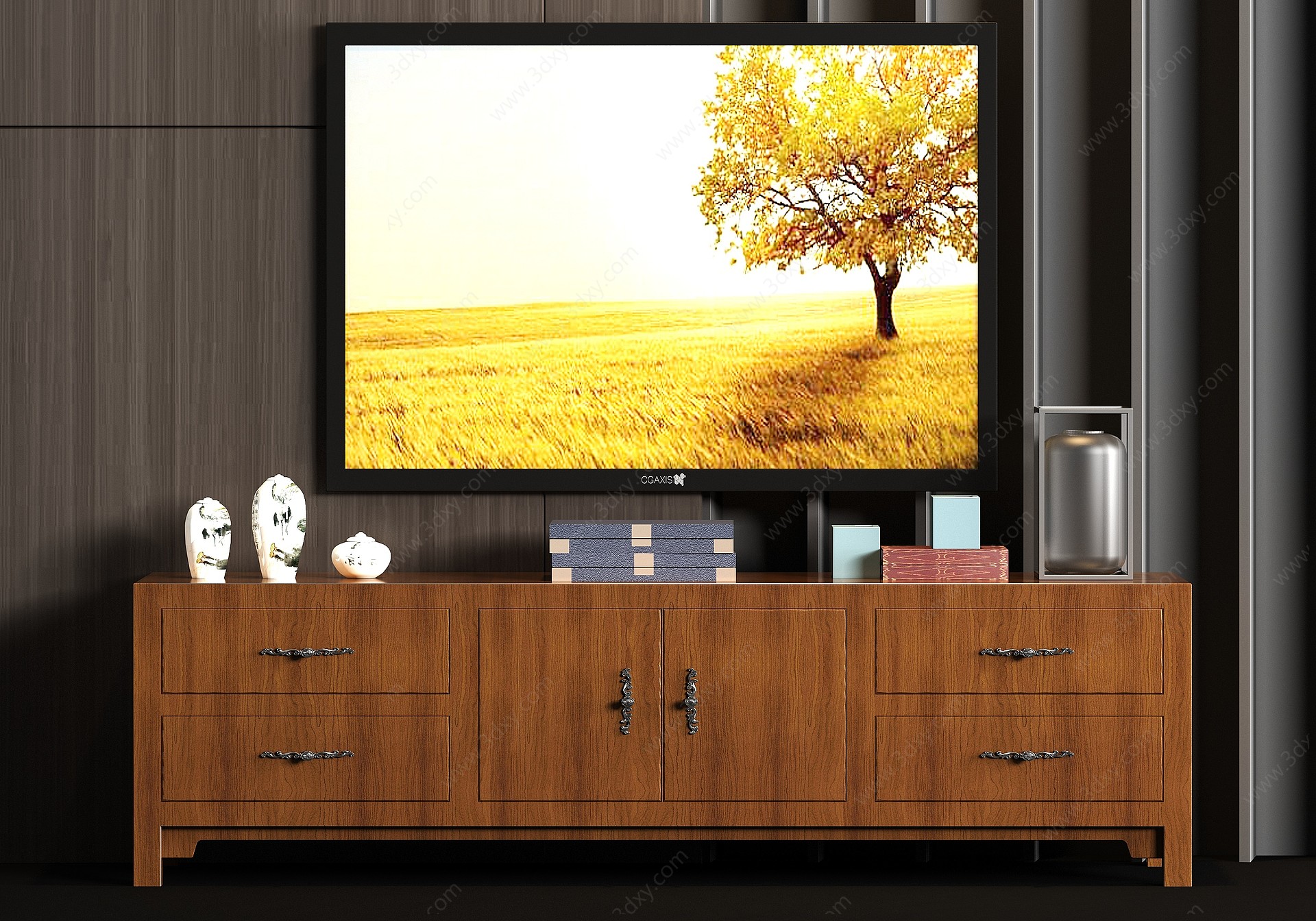 新中式实木电视柜饰品3D模型