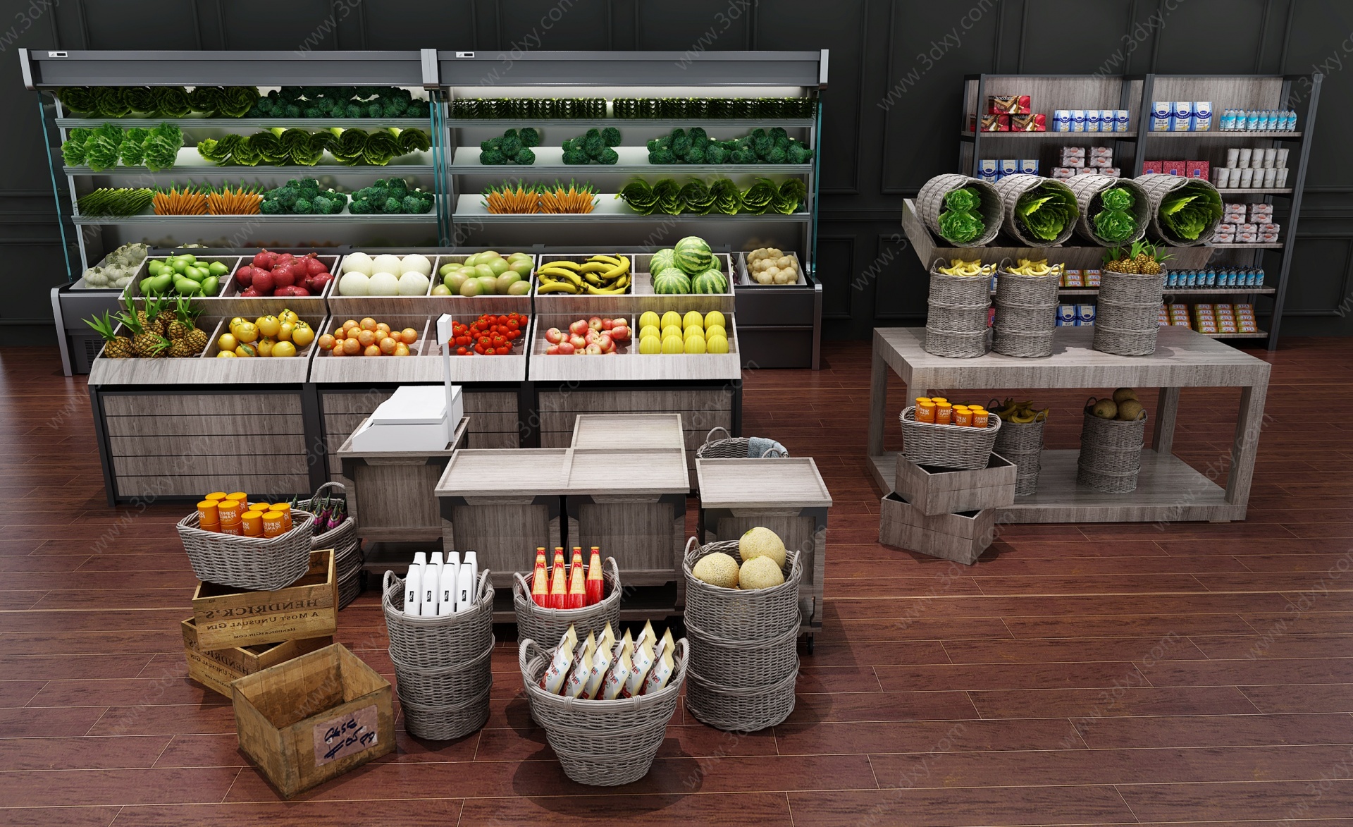 现代商场超市蔬菜水果货架3D模型