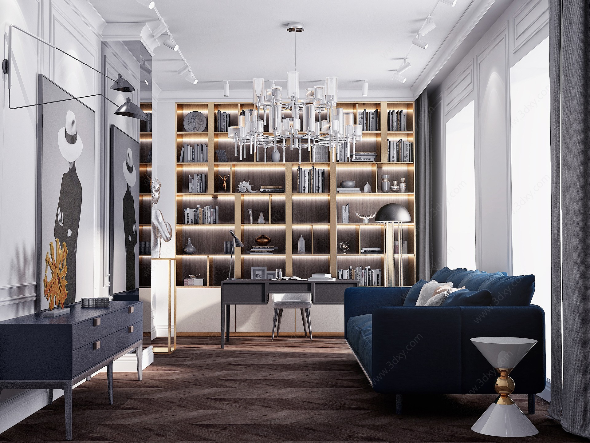 现代轻奢客厅书房3D模型