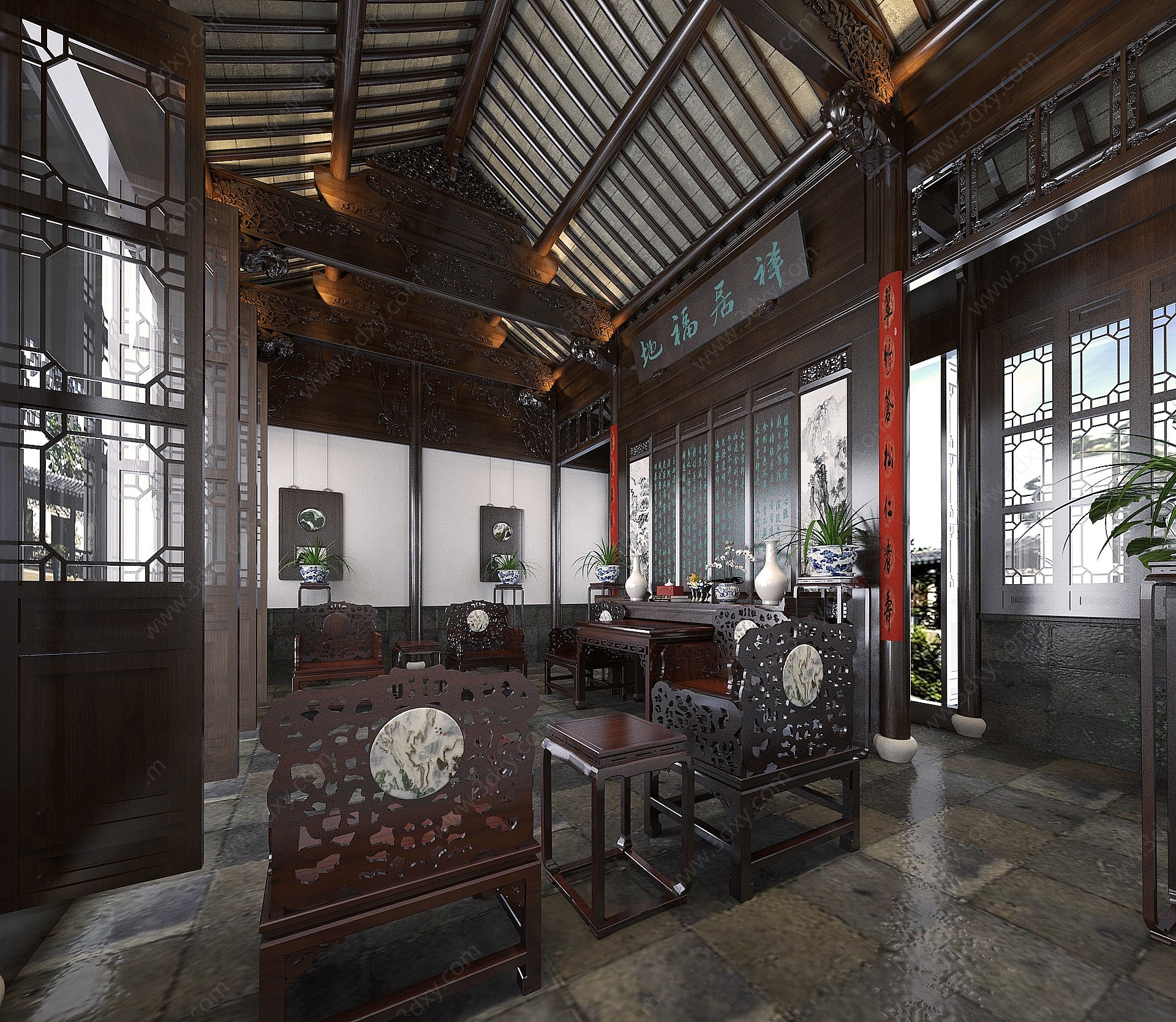 中式家居客厅3D模型