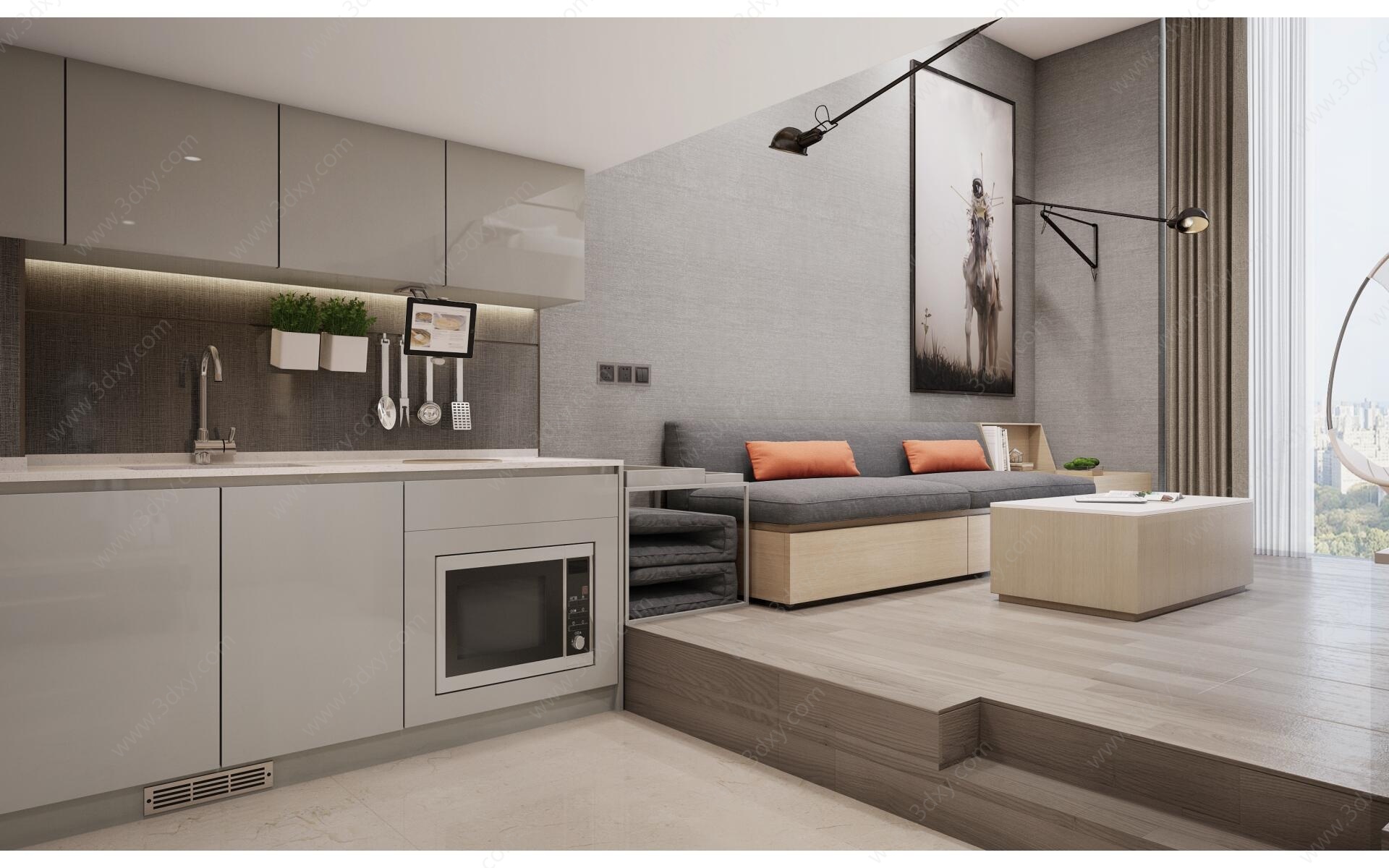 现代LOFT公寓客厅3D模型